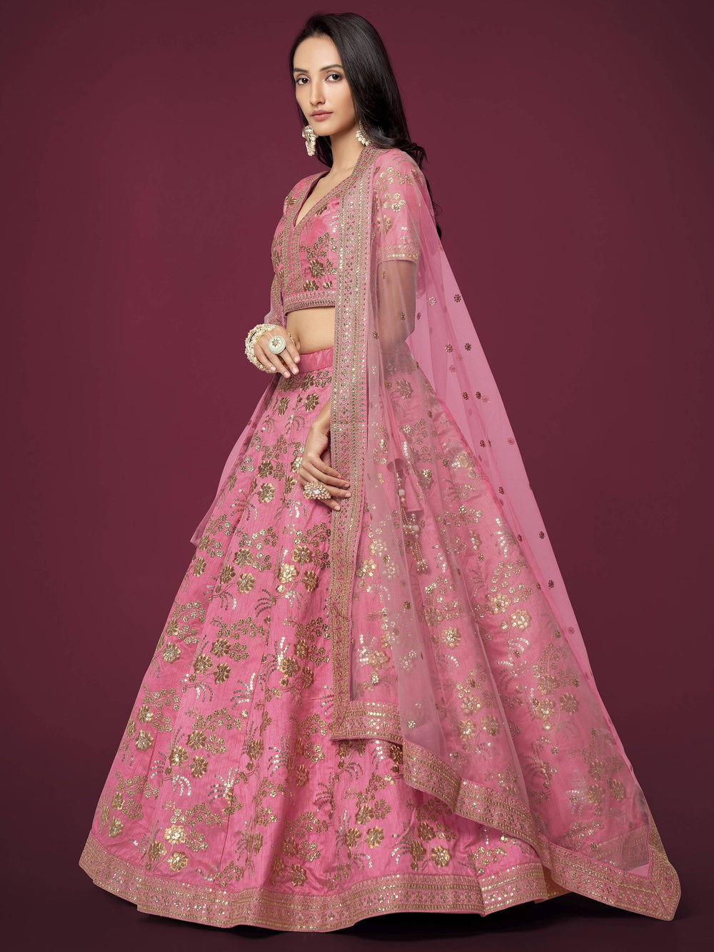 Pink Sequins Work Slub Silk Wedding Lehenga Choli for Ladies