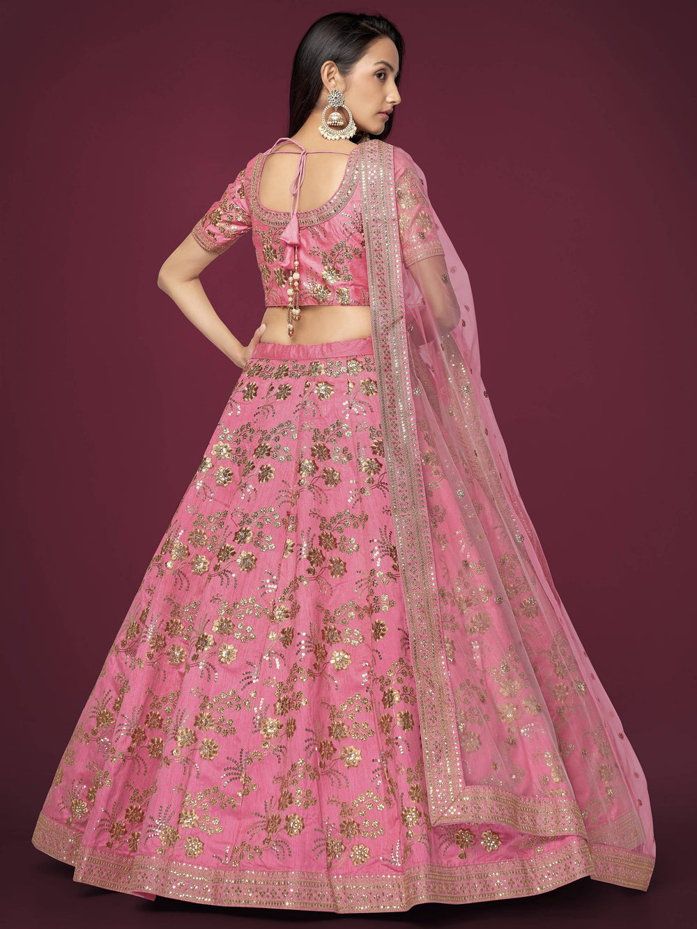 Pink Sequins Work Slub Silk Wedding Lehenga Choli for Ladies