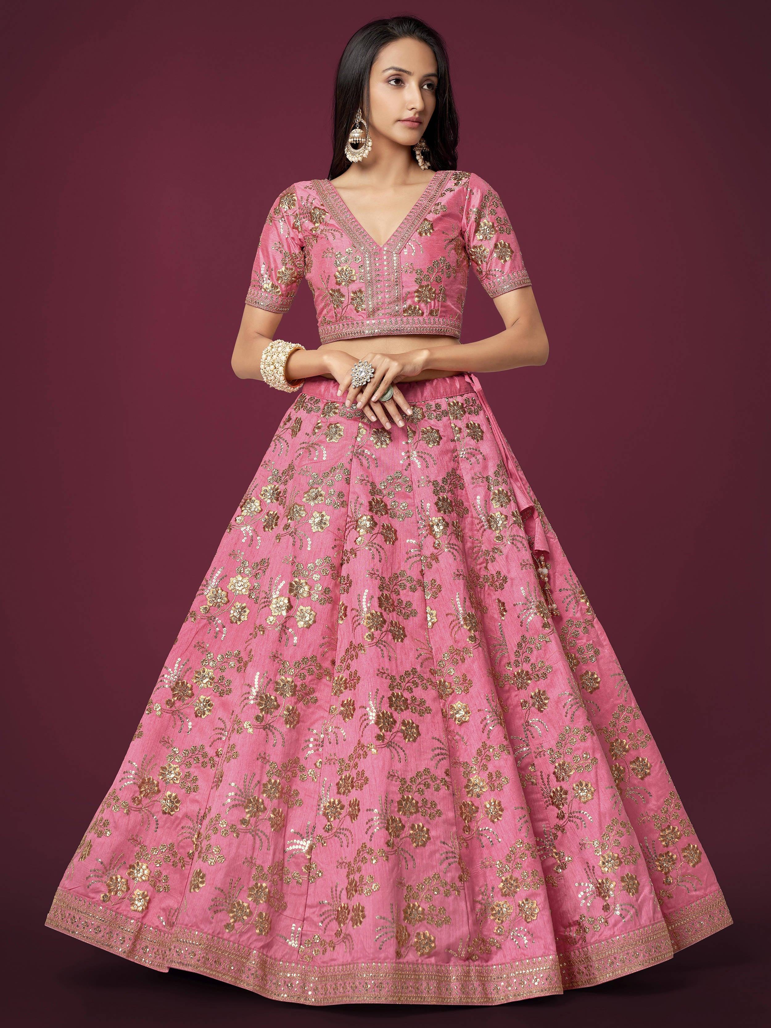 Pink Sequins Work Slub Silk Wedding Lehenga Choli for Ladies