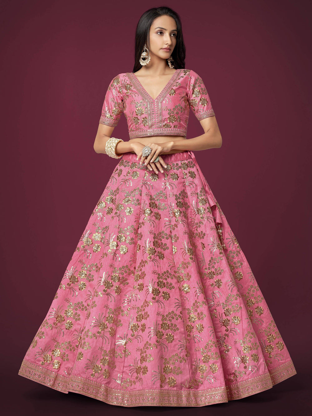 Pink Sequins Work Slub Silk Wedding Lehenga Choli for Ladies