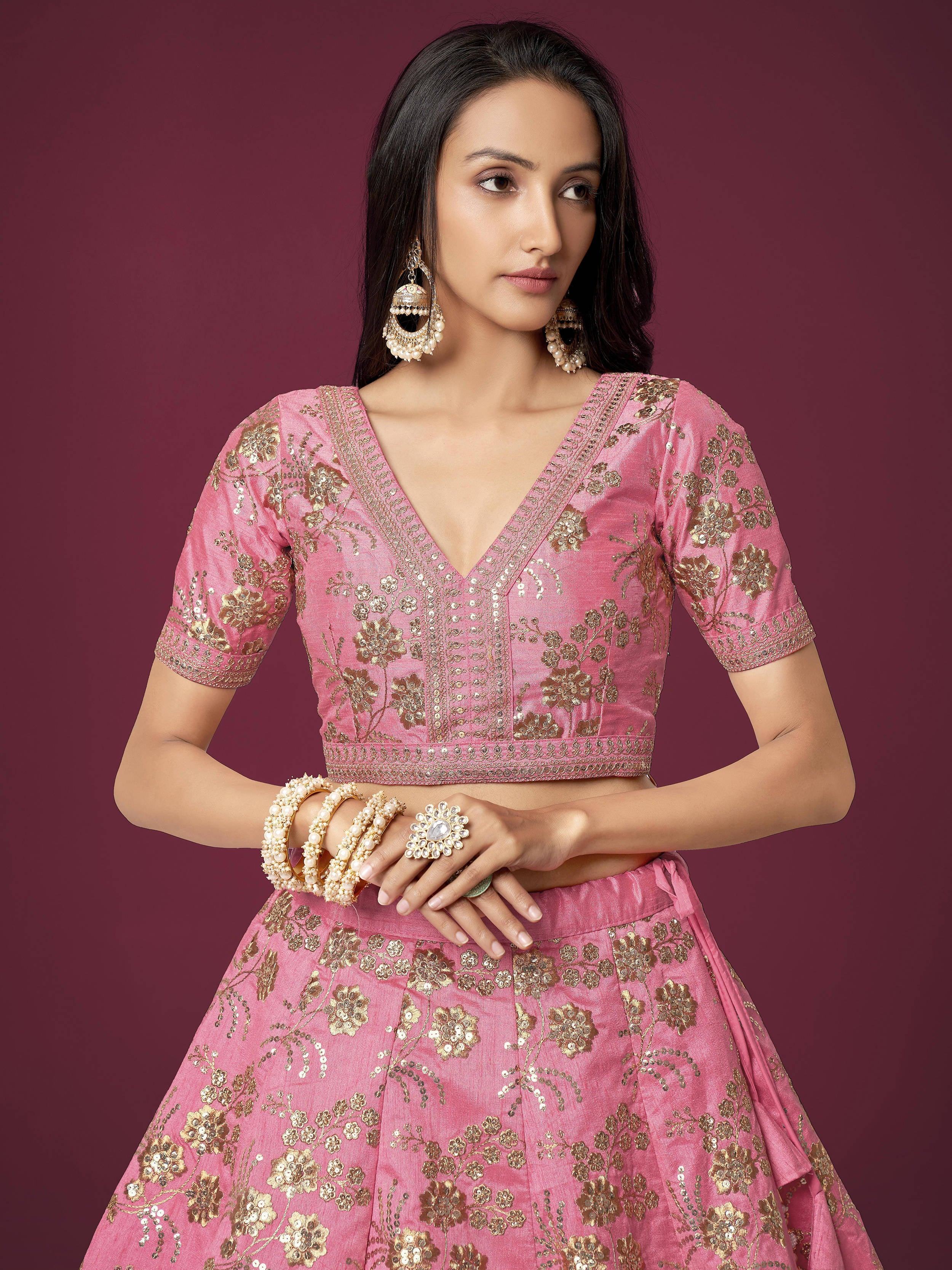 Pink Sequins Work Slub Silk Wedding Lehenga Choli for Ladies