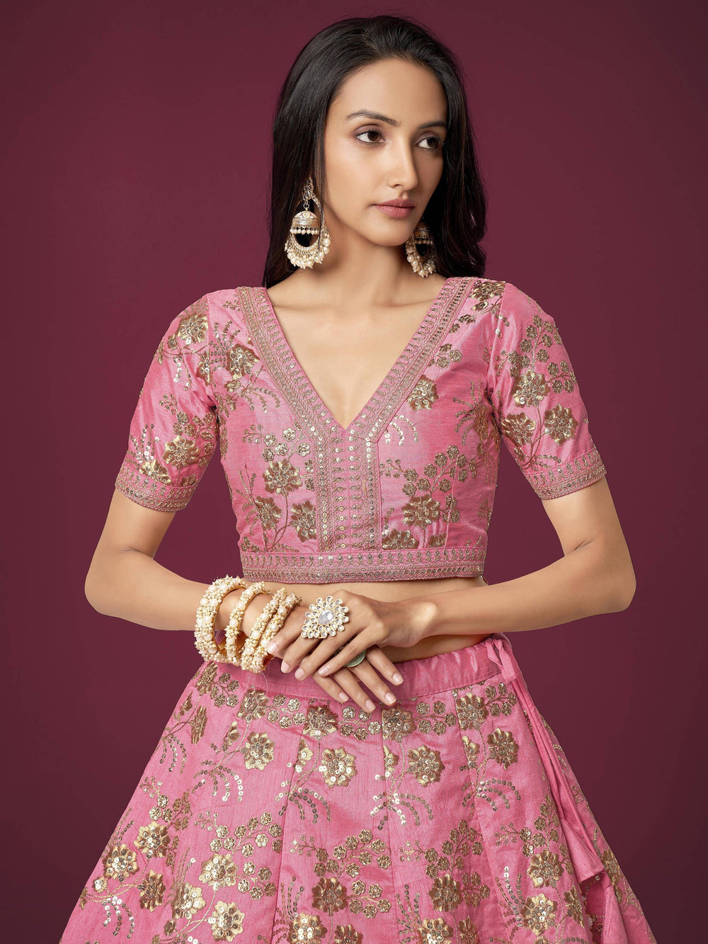 Pink Sequins Work Slub Silk Wedding Lehenga Choli for Ladies