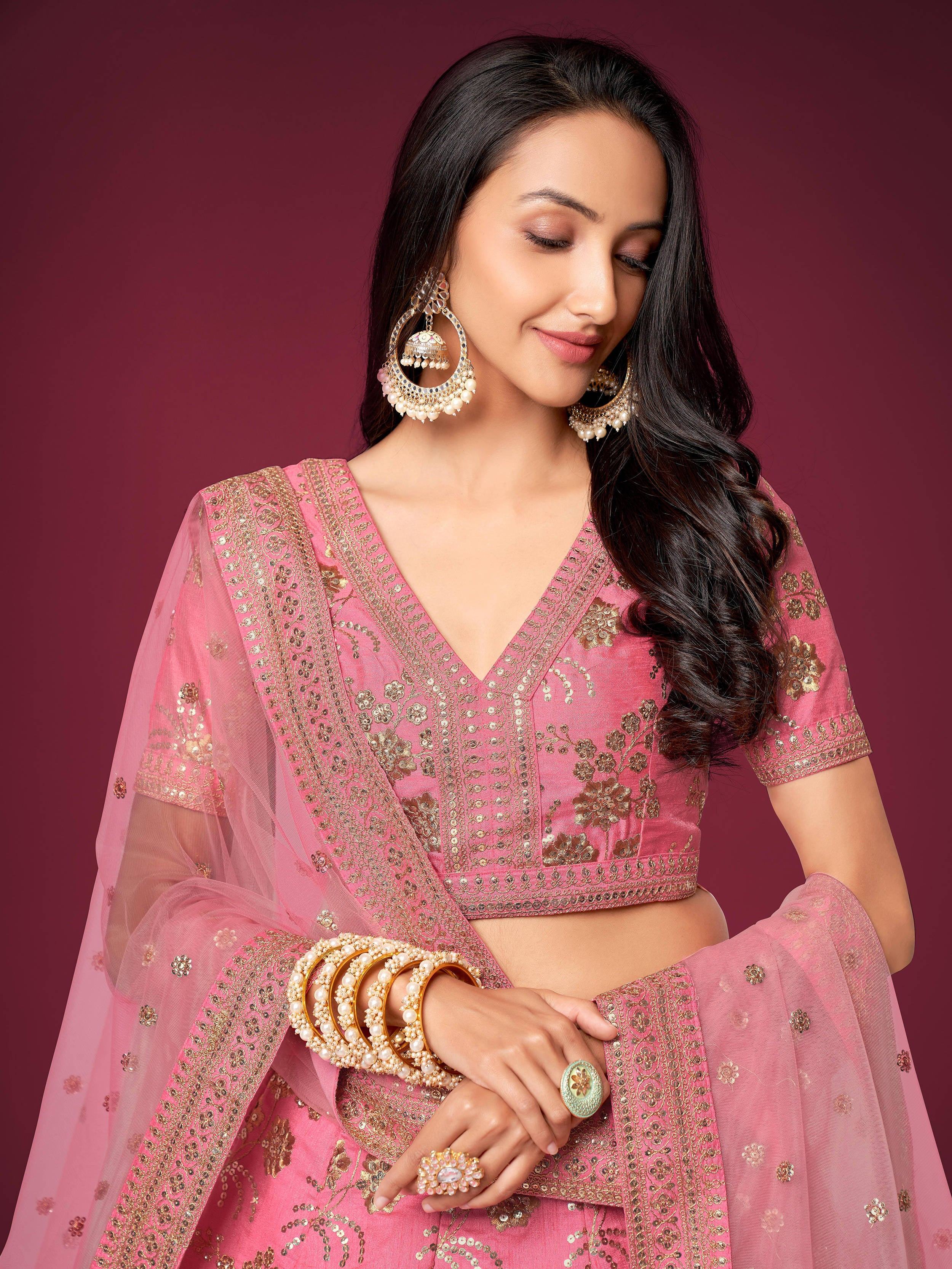 Pink Sequins Work Slub Silk Wedding Lehenga Choli for Ladies