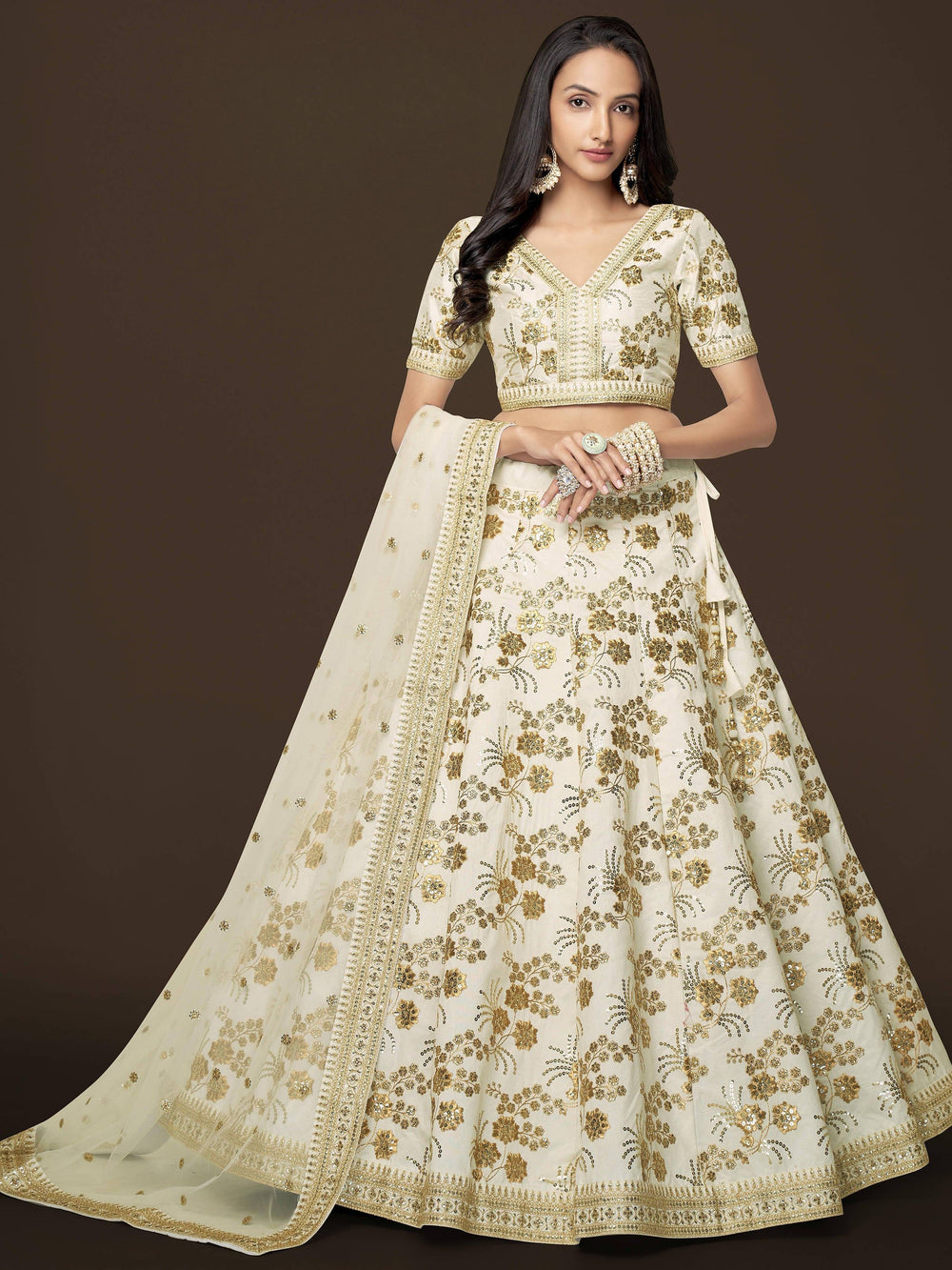White Zari Work Engagement Wear Slub Silk Lehenga Choli for Women