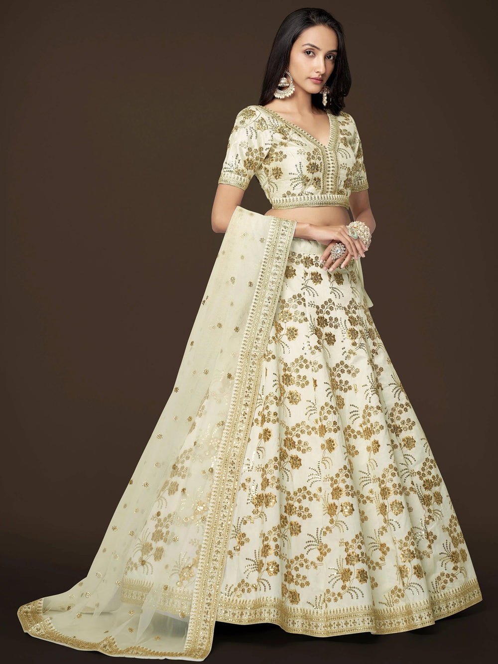 White Zari Work Engagement Wear Slub Silk Lehenga Choli for Women