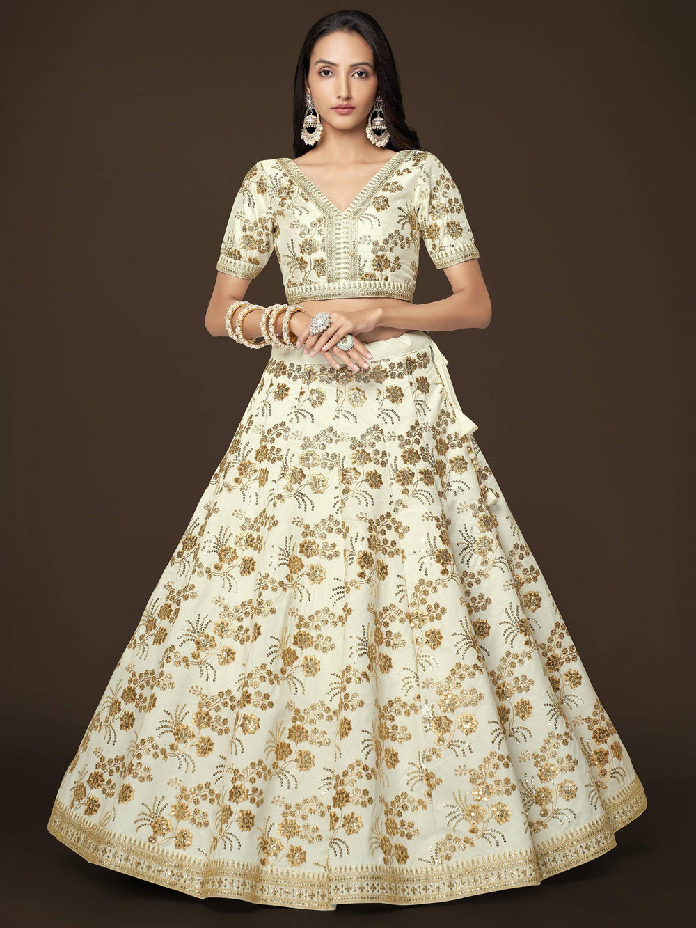White Zari Work Engagement Wear Slub Silk Lehenga Choli for Women