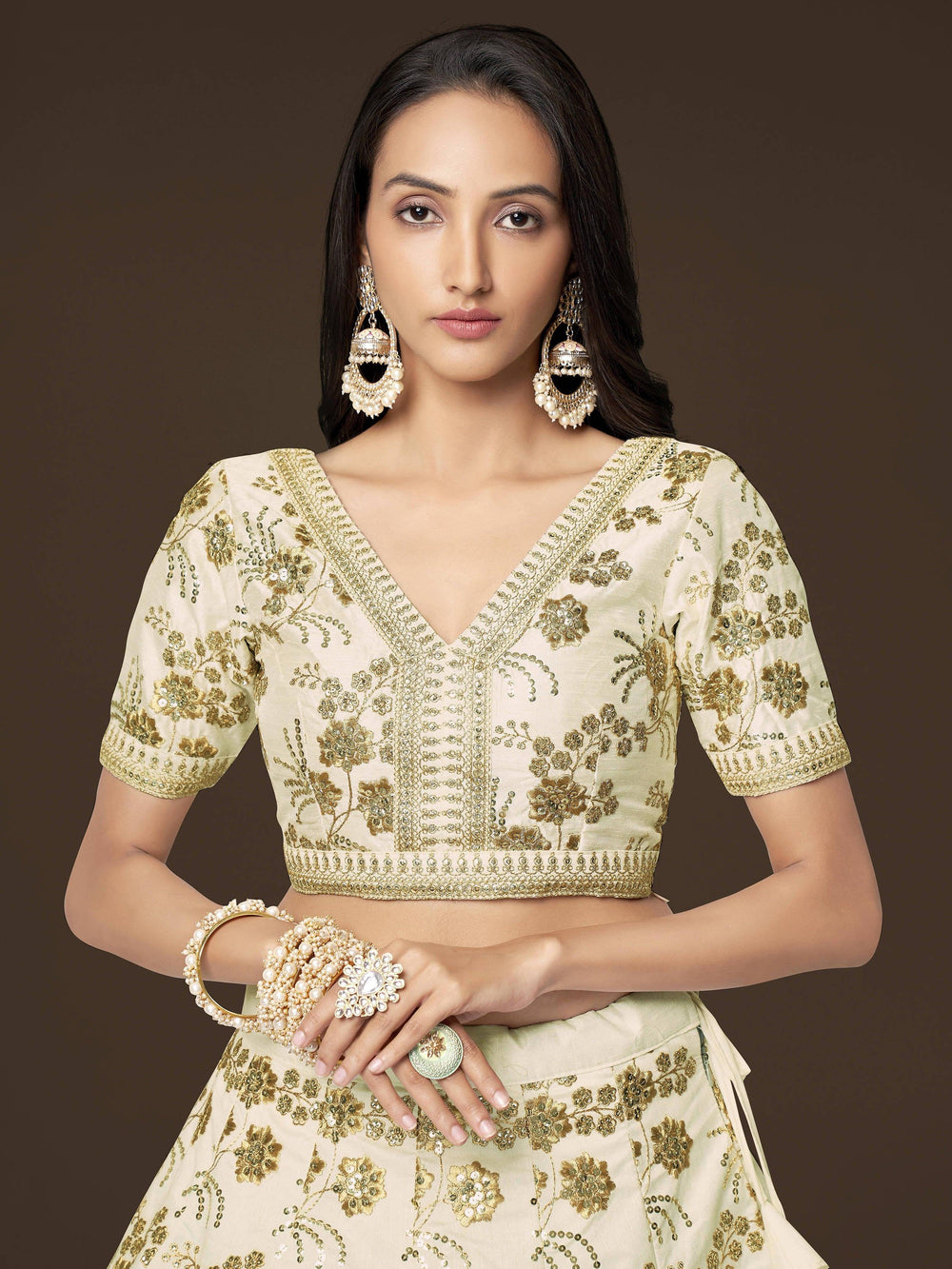 White Zari Work Engagement Wear Slub Silk Lehenga Choli for Women