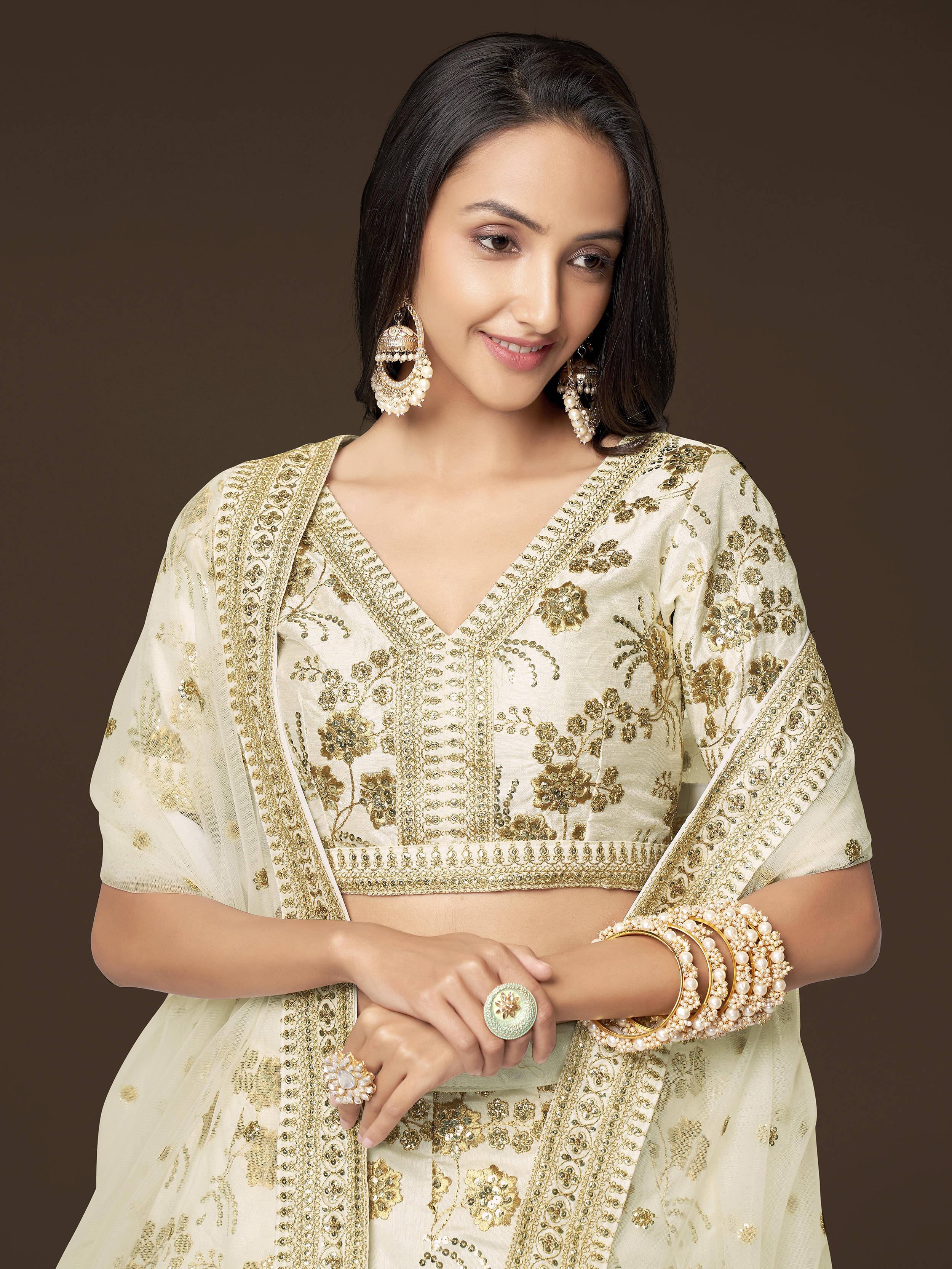 White Zari Work Engagement Wear Slub Silk Lehenga Choli for Women