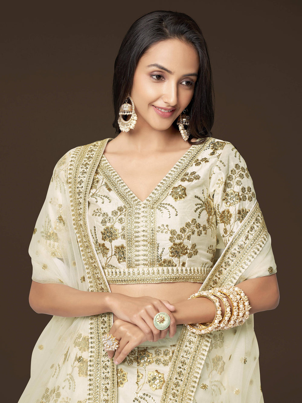White Zari Work Engagement Wear Slub Silk Lehenga Choli for Women