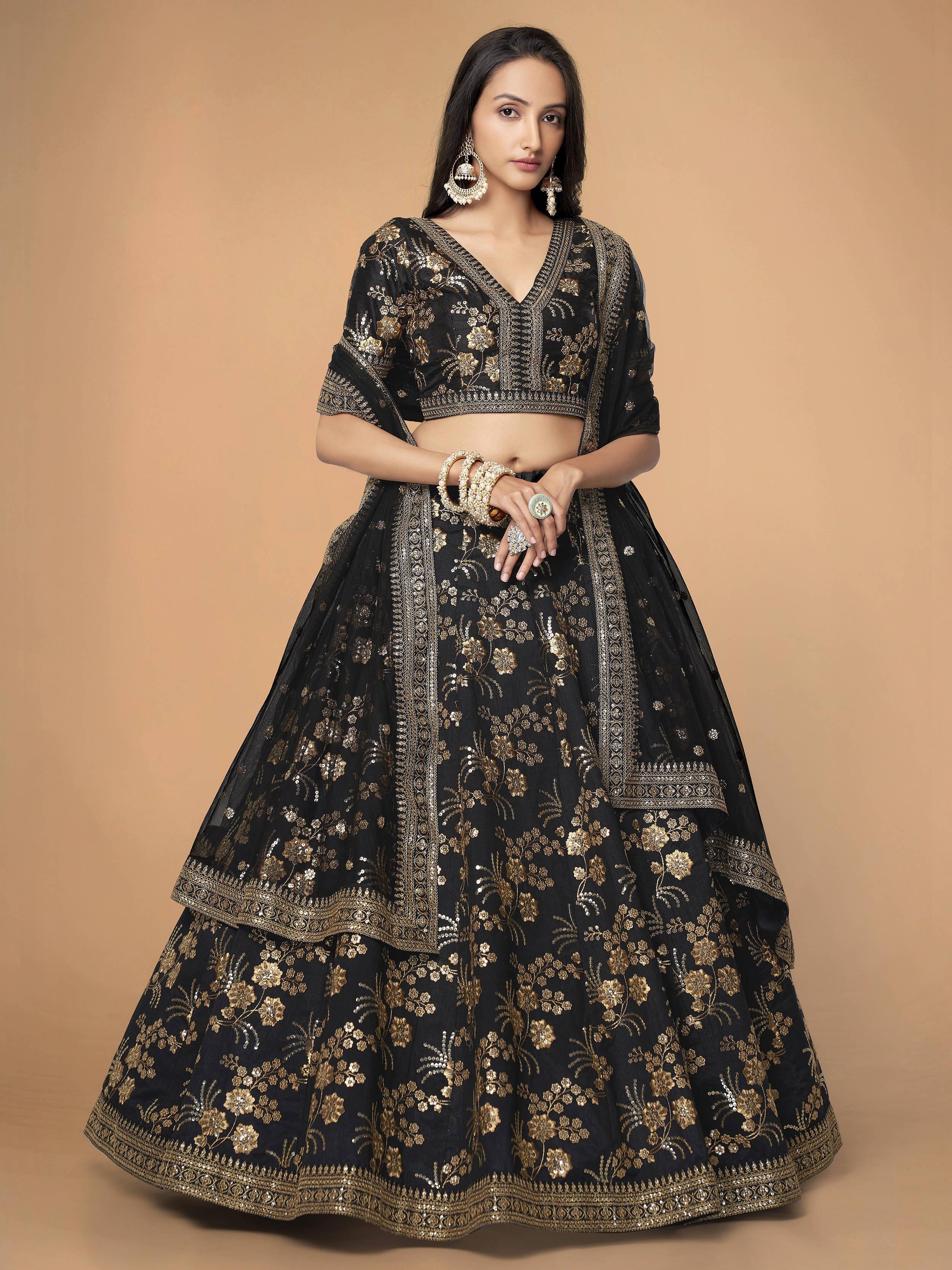 Magnetic Black Sequins Work Slub Silk Reception Lehenga Choli