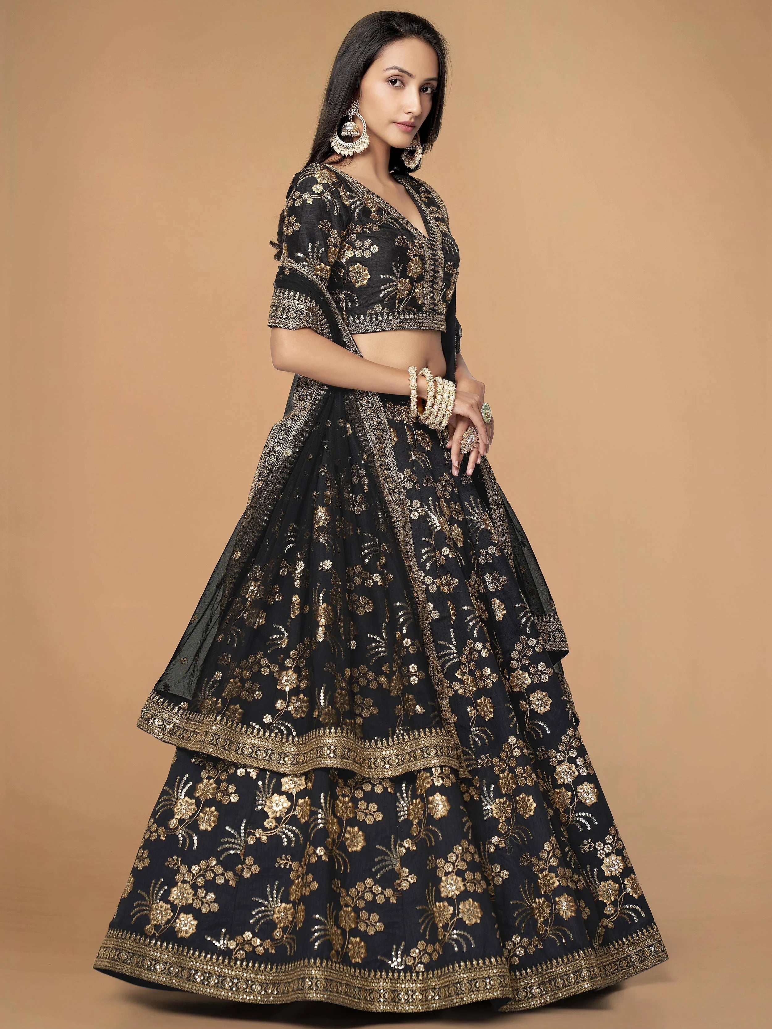 Magnetic Black Sequins Work Slub Silk Reception Lehenga Choli