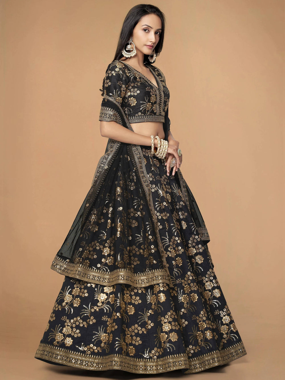 Magnetic Black Sequins Work Slub Silk Reception Lehenga Choli