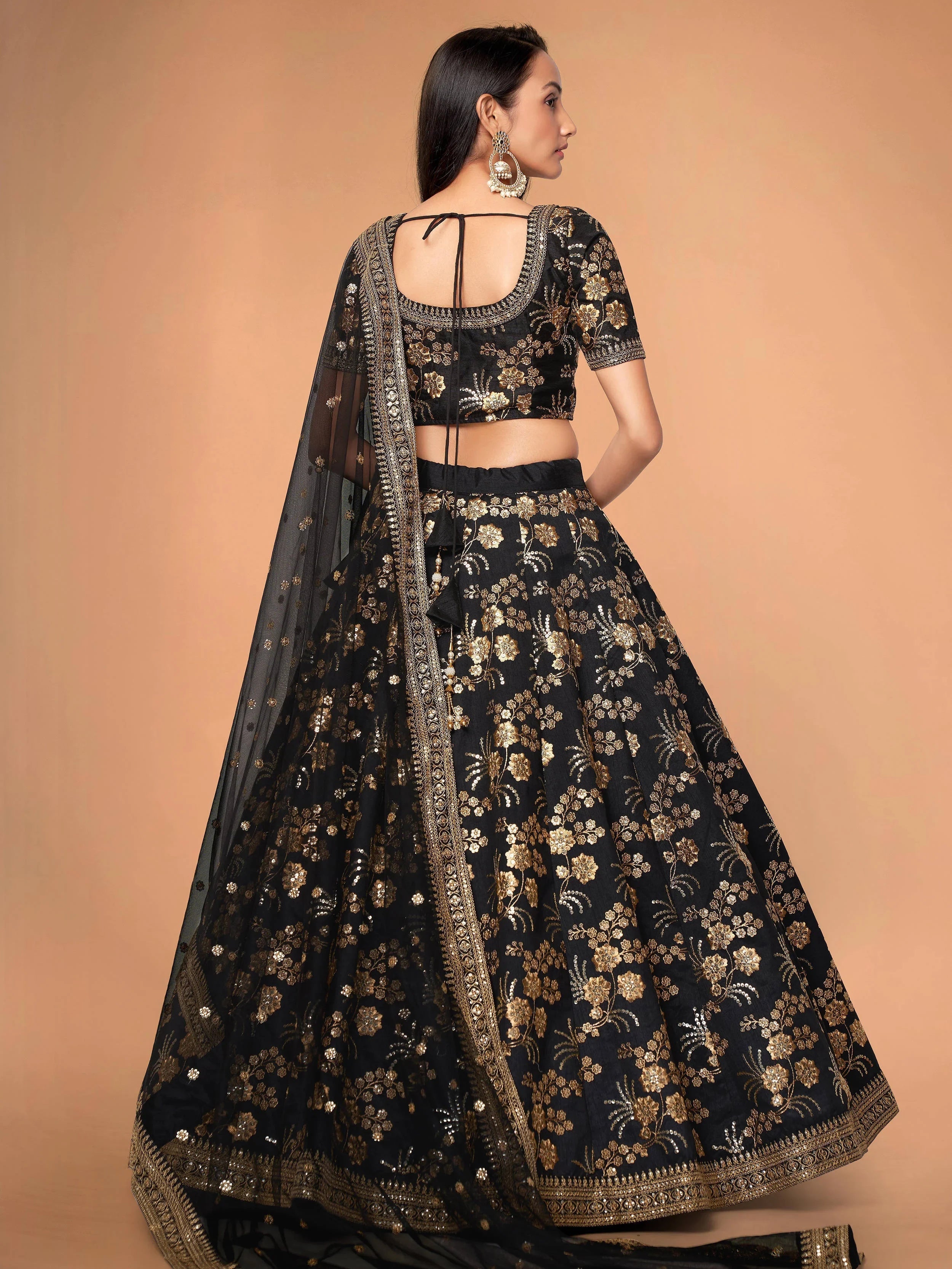 Magnetic Black Sequins Work Slub Silk Reception Lehenga Choli