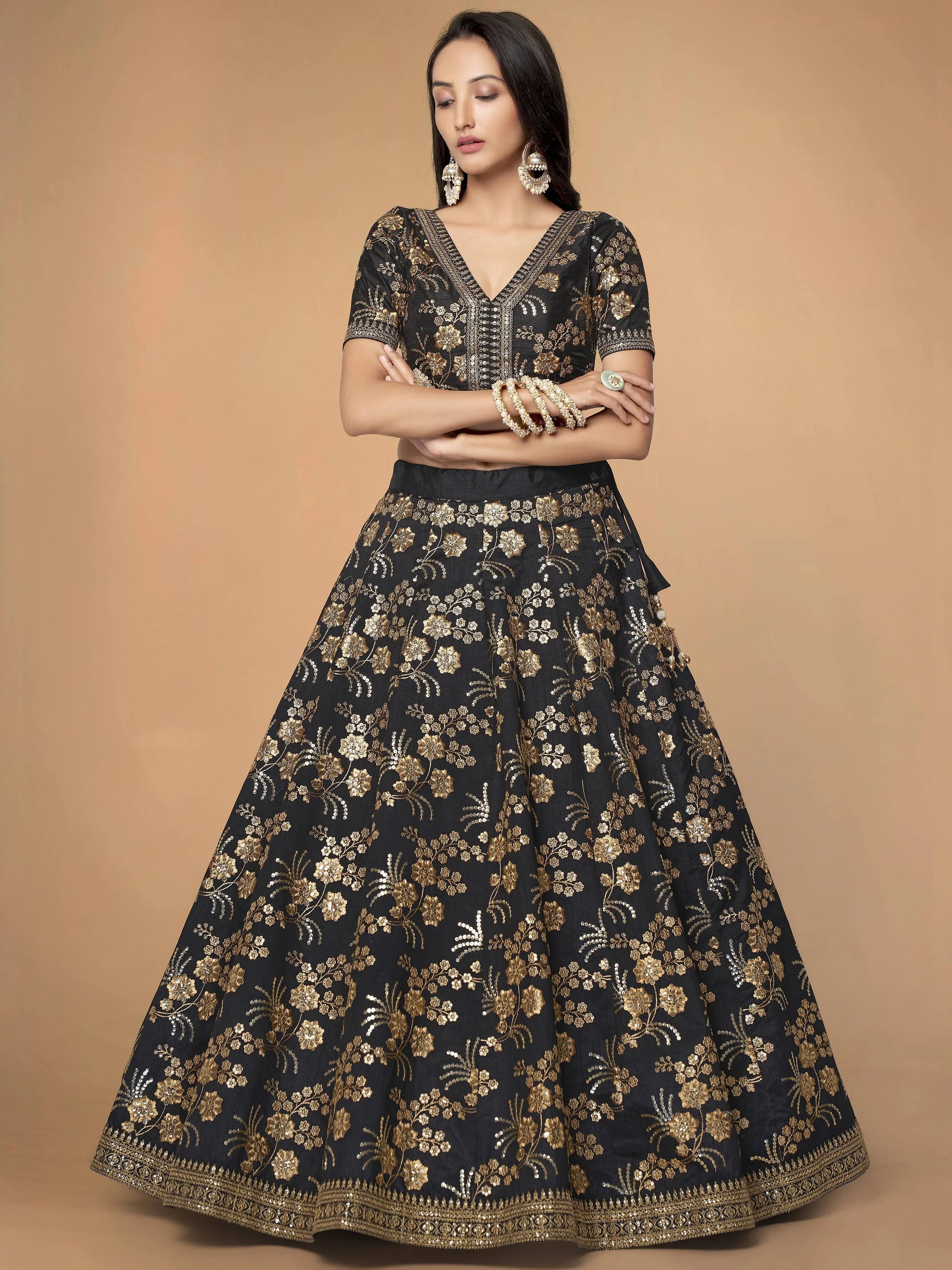 Magnetic Black Sequins Work Slub Silk Reception Lehenga Choli