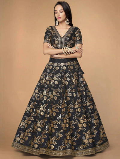 Magnetic Black Sequins Work Slub Silk Reception Lehenga Choli