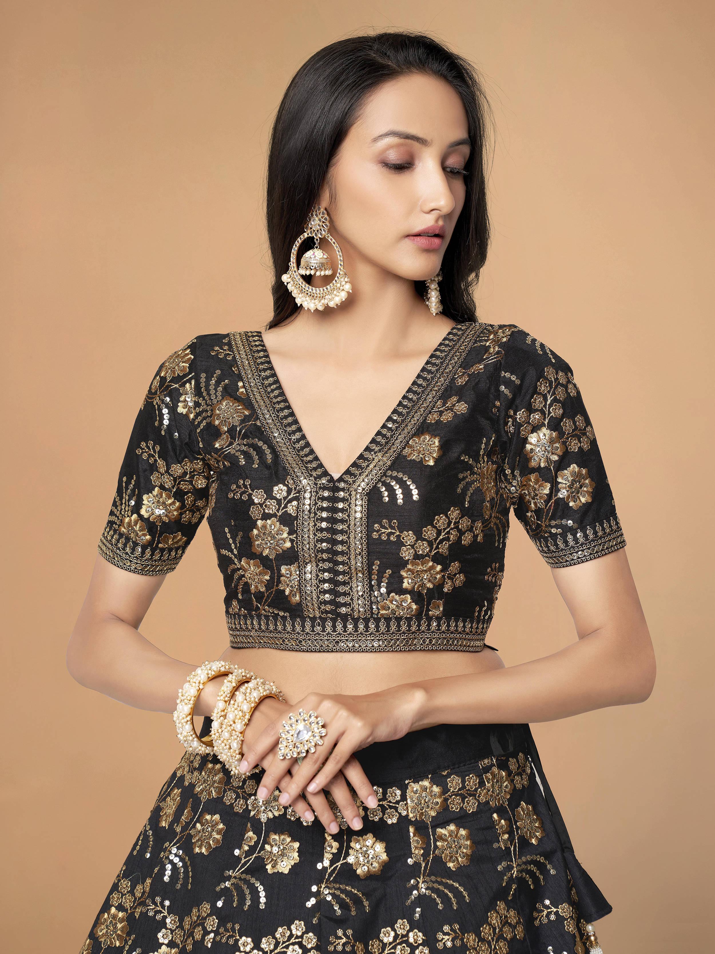 Magnetic Black Sequins Work Slub Silk Reception Lehenga Choli