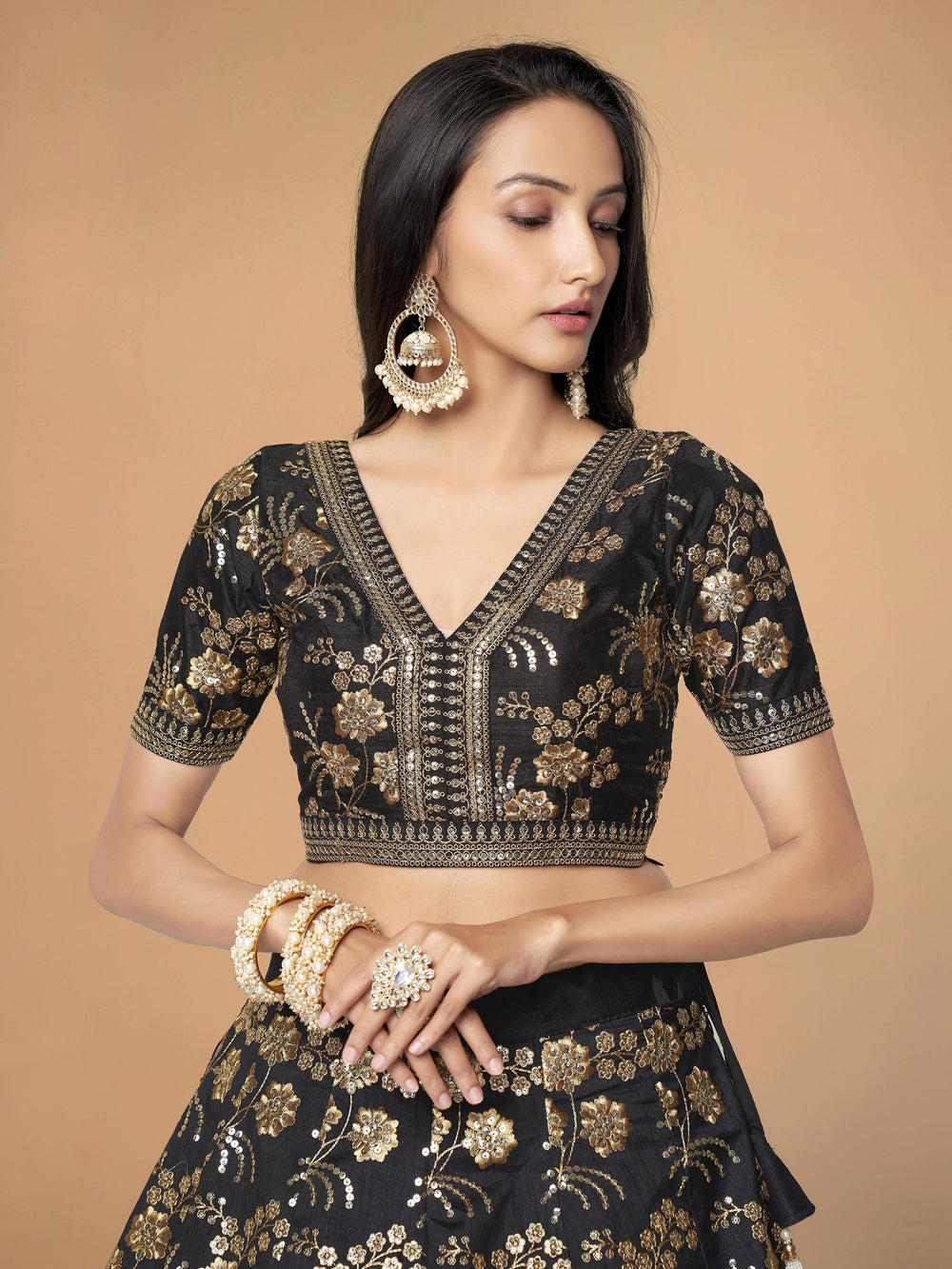 Magnetic Black Sequins Work Slub Silk Reception Lehenga Choli