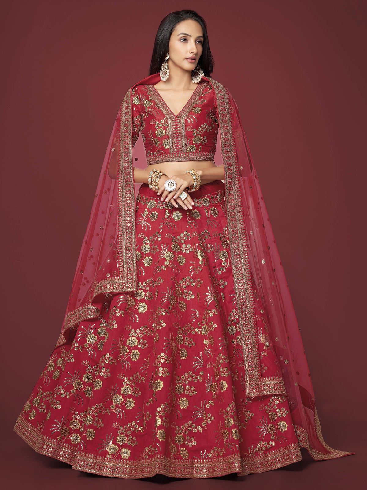 Red Zari Work Slub Silk Wedding Lehenga Choli Traditional Collection