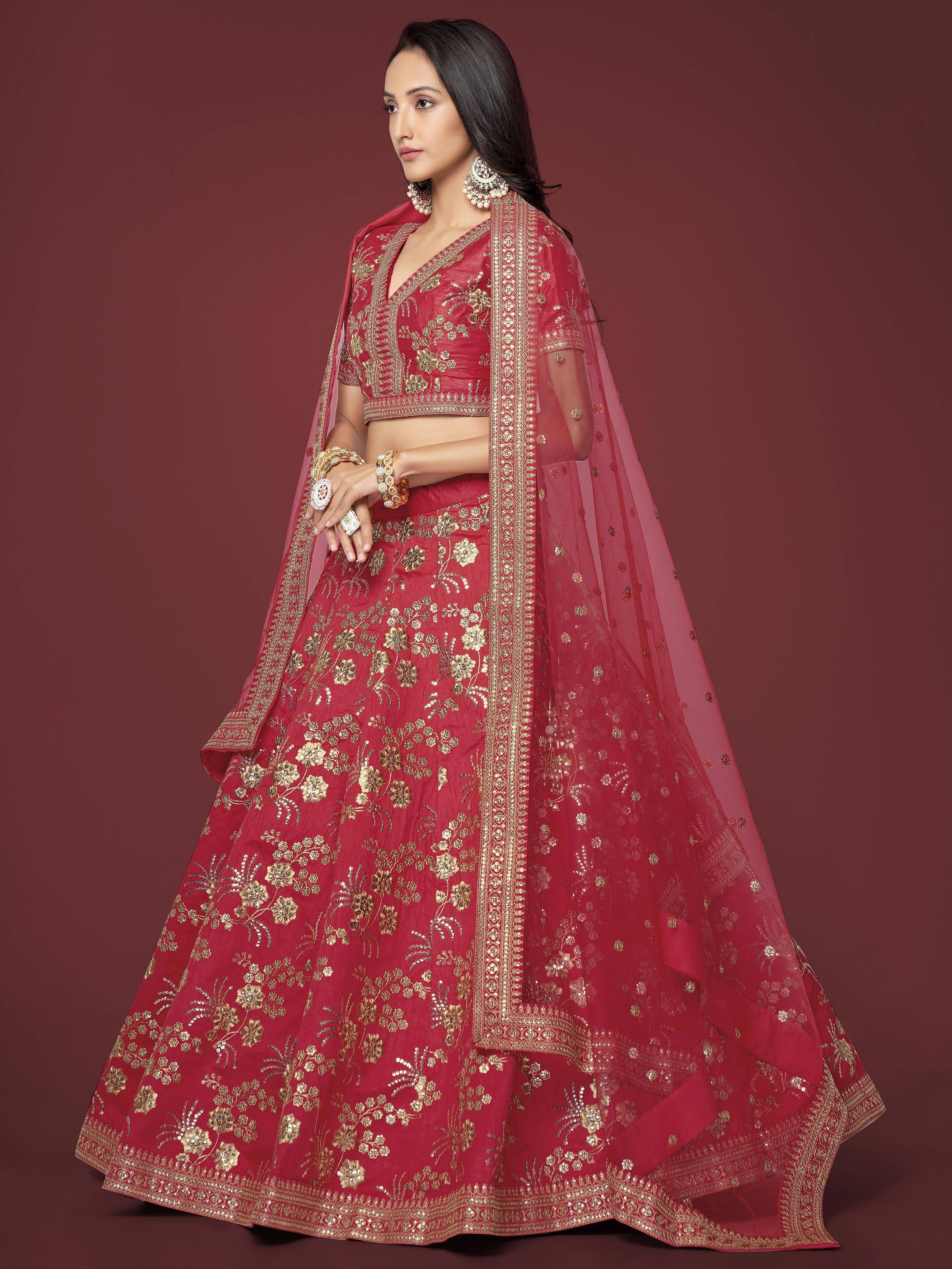 Red Zari Work Slub Silk Wedding Lehenga Choli Traditional Collection