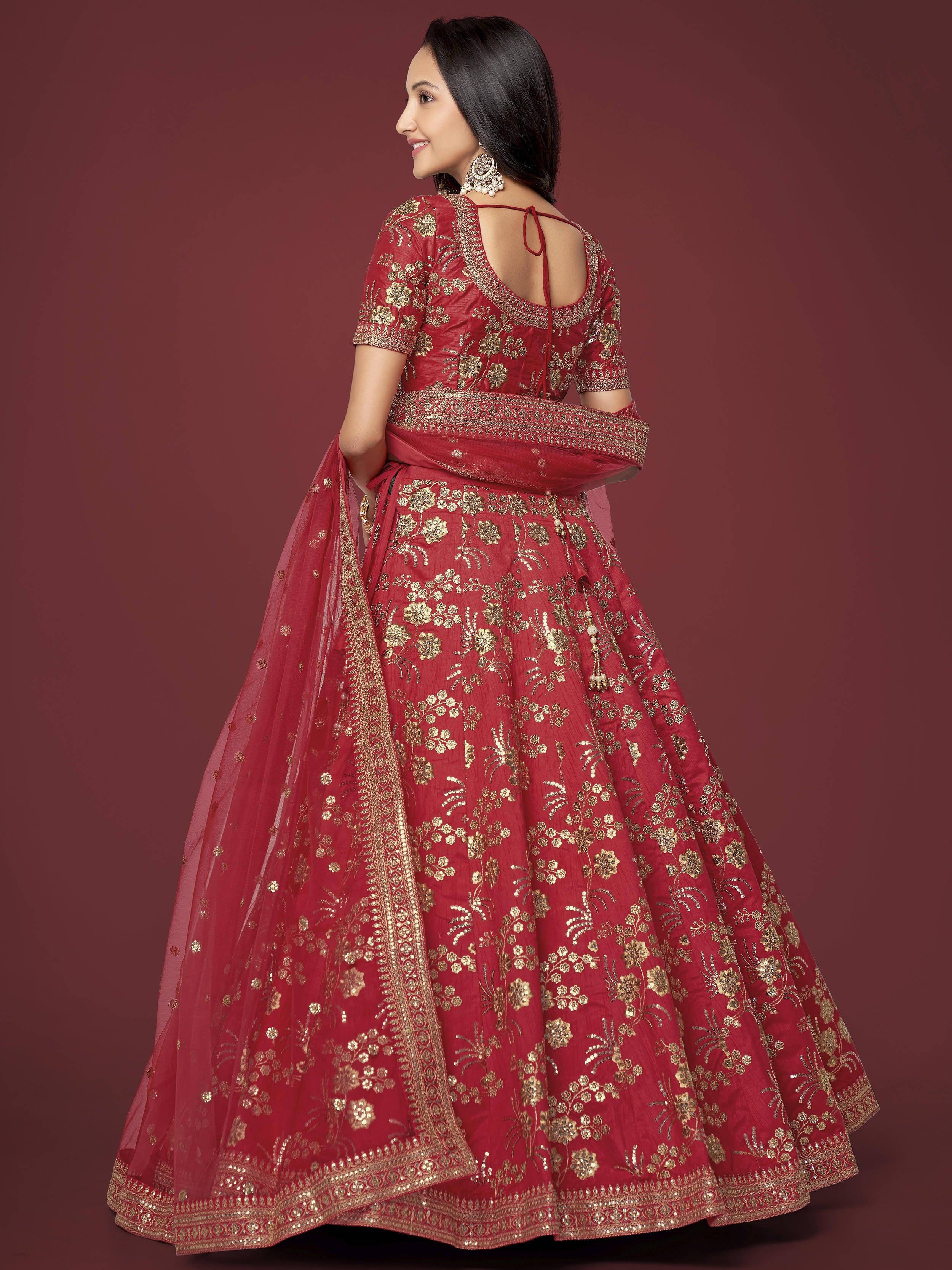 Red Zari Work Slub Silk Wedding Lehenga Choli Traditional Collection