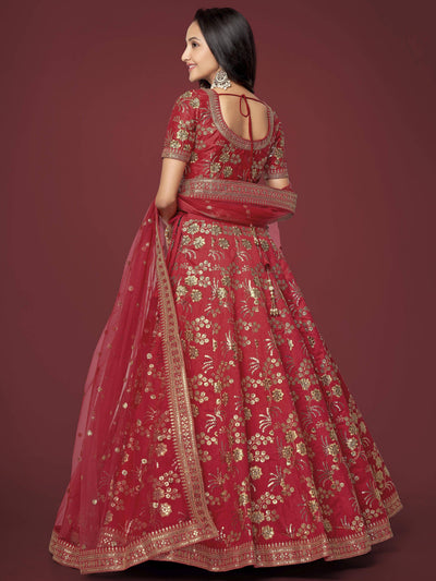 Red Zari Work Slub Silk Wedding Lehenga Choli Traditional Collection
