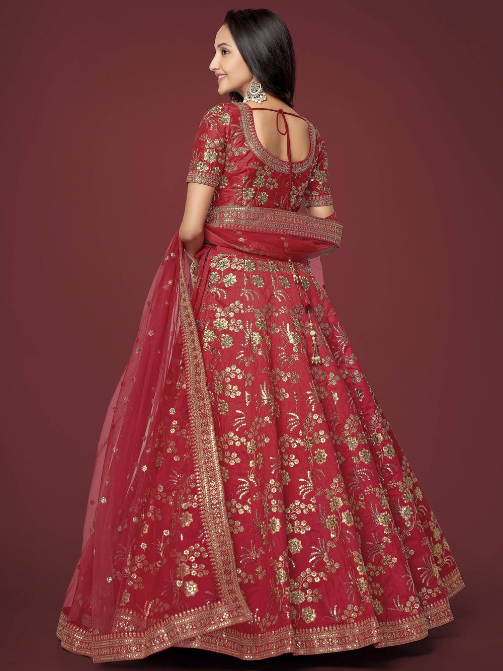 Red Zari Work Slub Silk Wedding Lehenga Choli Traditional Collection
