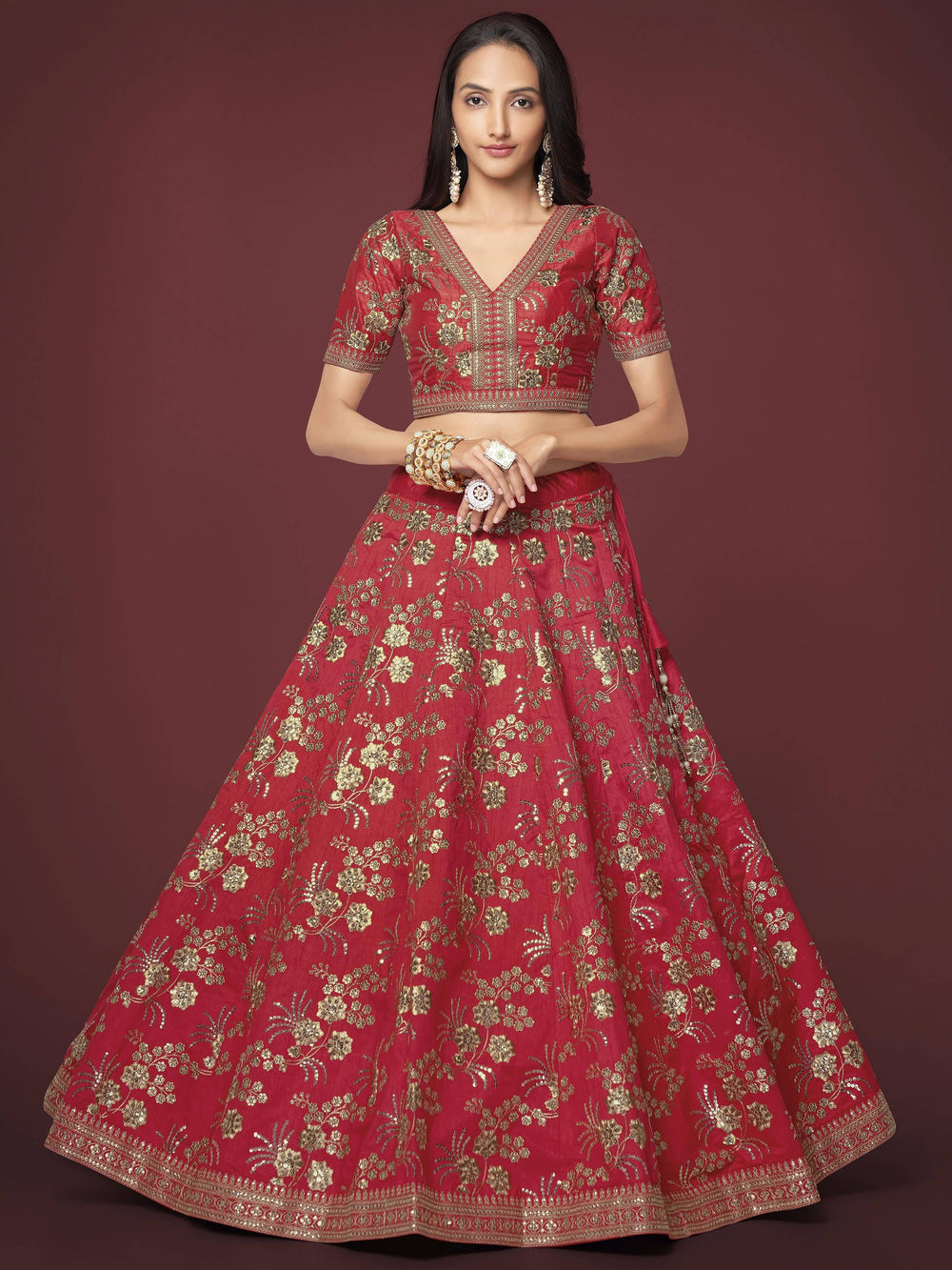 Red Zari Work Slub Silk Wedding Lehenga Choli Traditional Collection