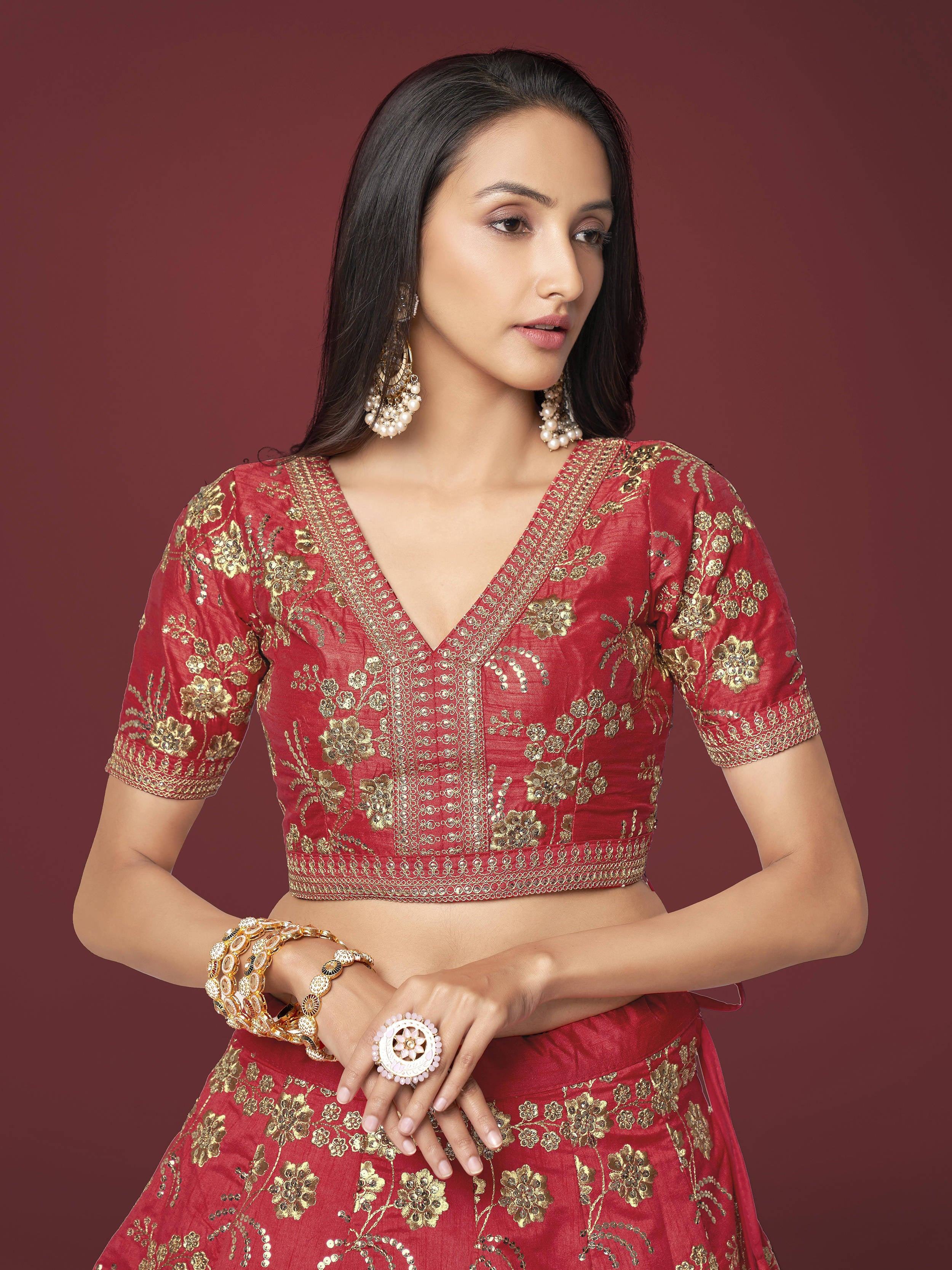 Red Zari Work Slub Silk Wedding Lehenga Choli Traditional Collection