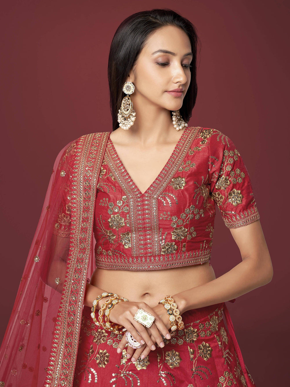 Red Zari Work Slub Silk Wedding Lehenga Choli Traditional Collection