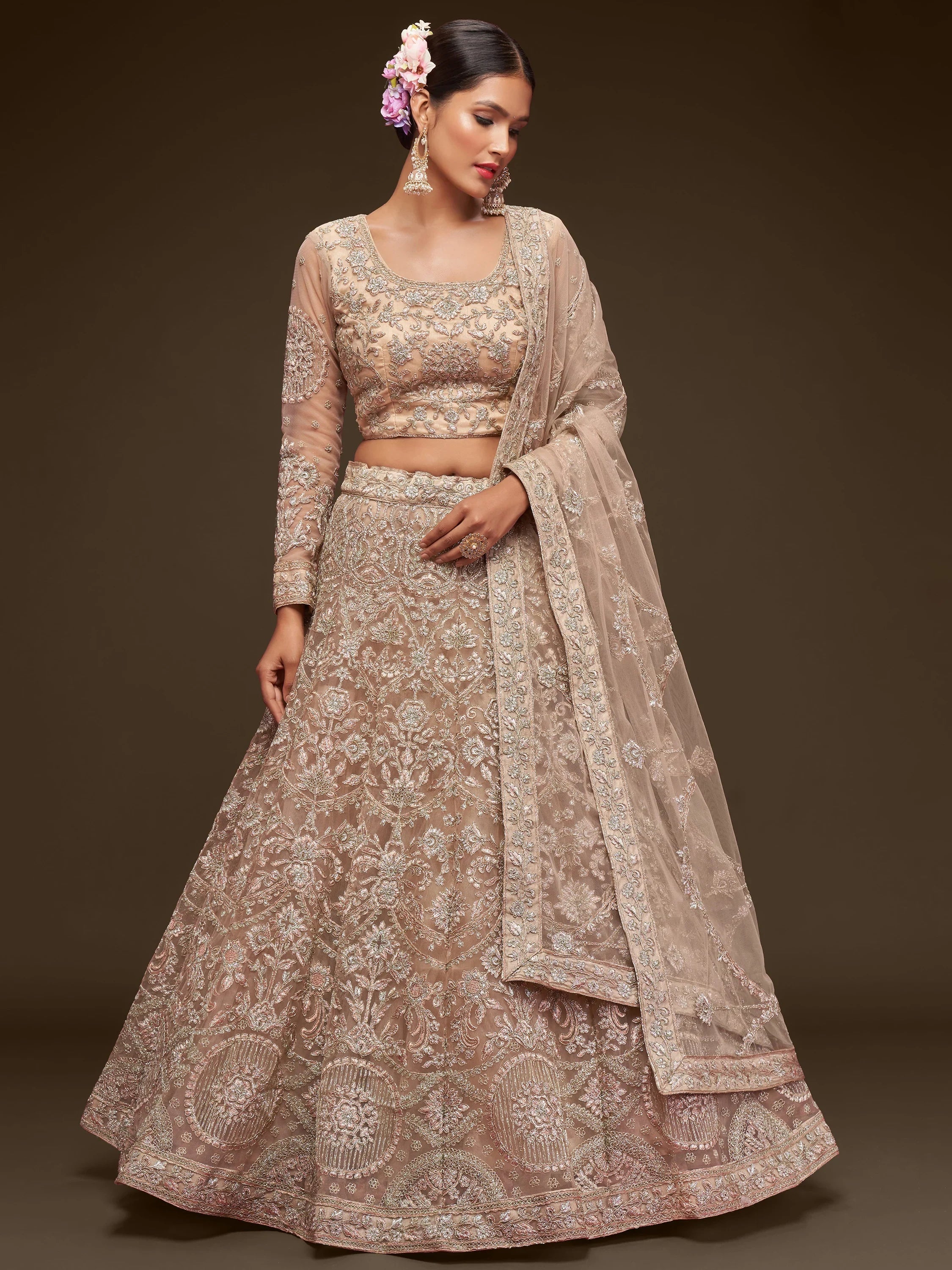 Beige Embroidered Soft Net Ceremony Lehenga Choli Occasion Wear