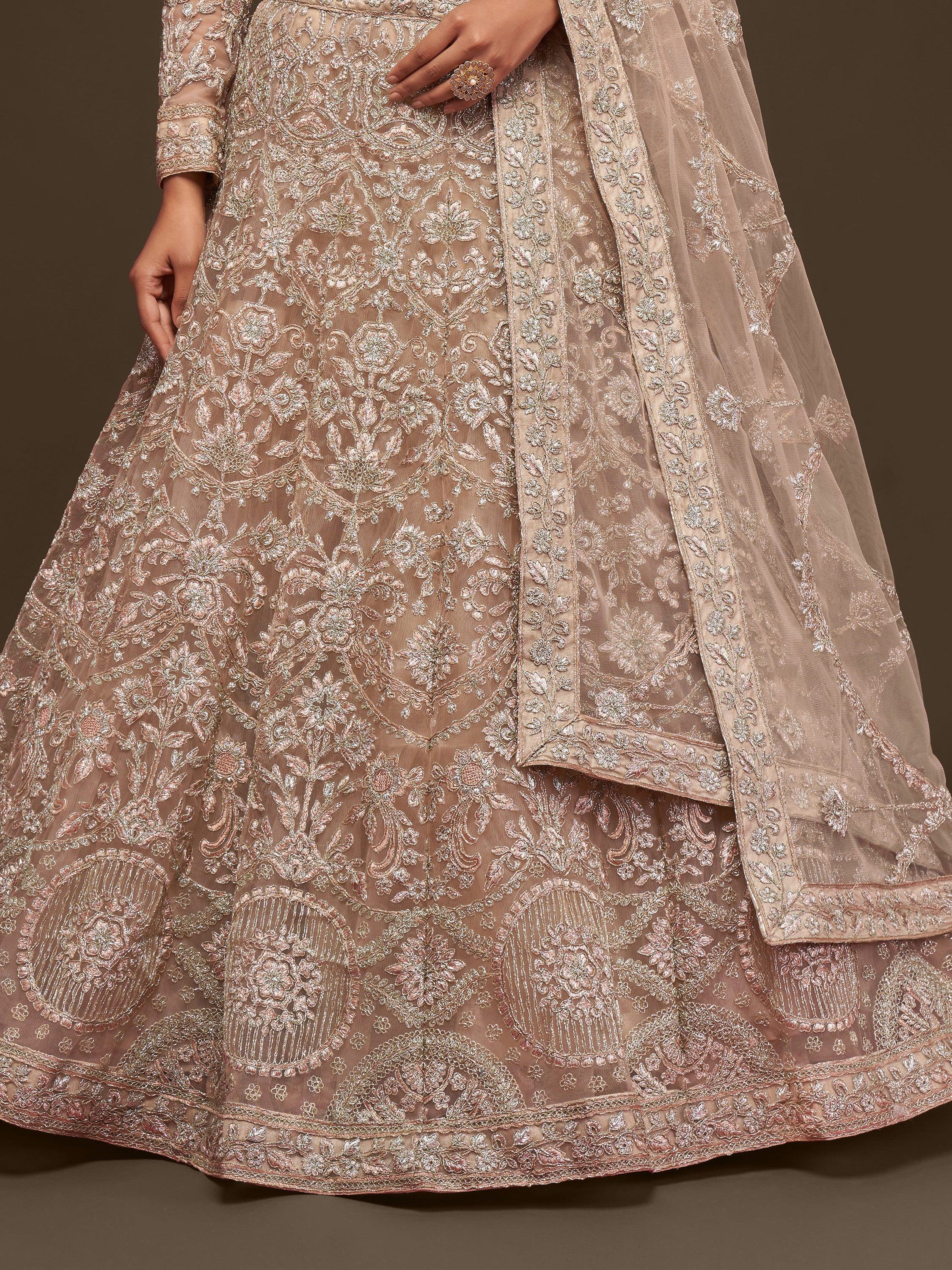 Beige Embroidered Soft Net Ceremony Lehenga Choli Occasion Wear