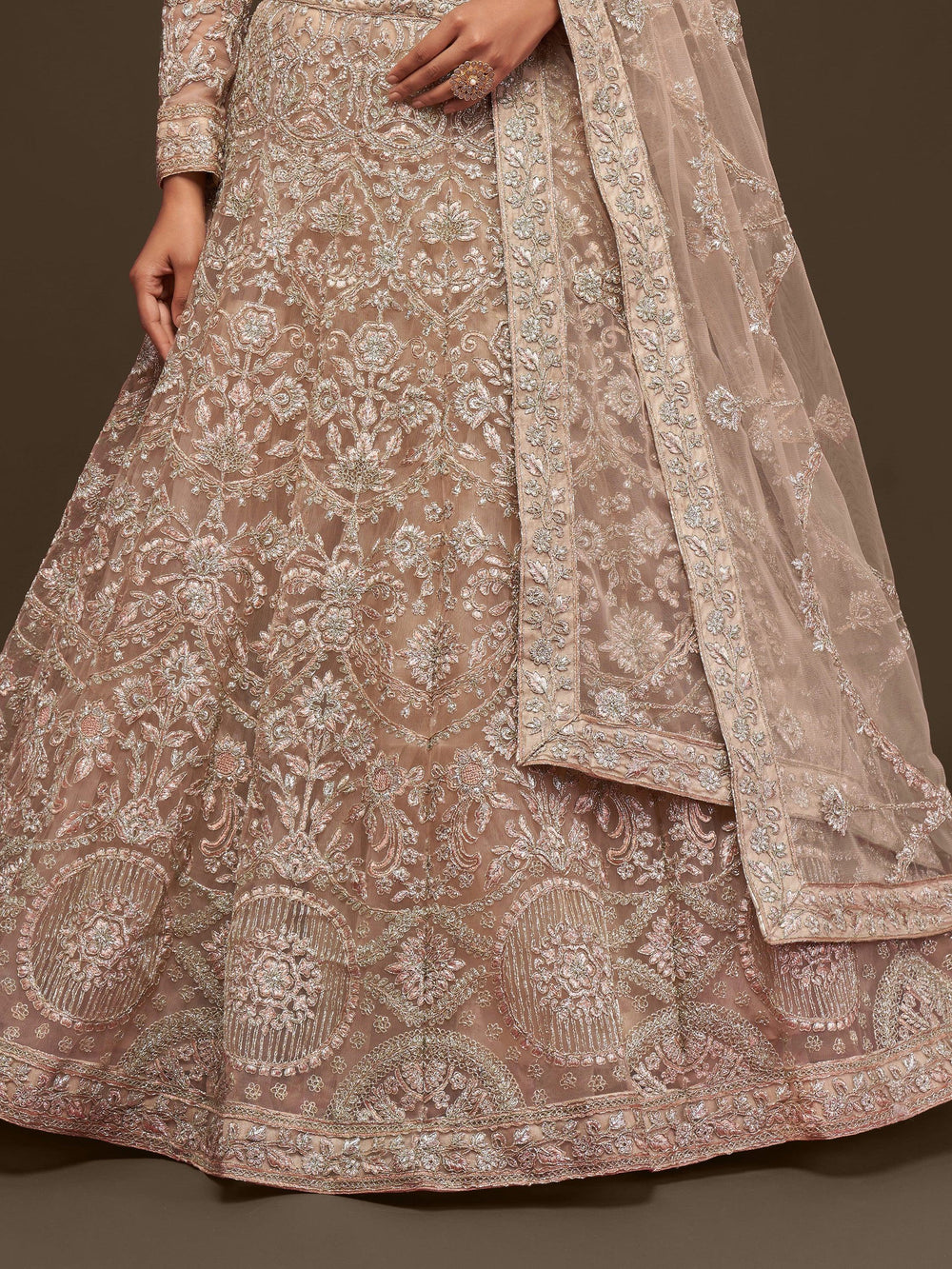 Beige Embroidered Soft Net Ceremony Lehenga Choli Occasion Wear