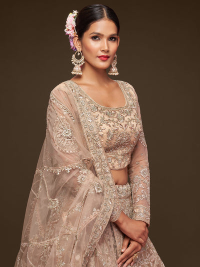 Beige Embroidered Soft Net Ceremony Lehenga Choli Occasion Wear
