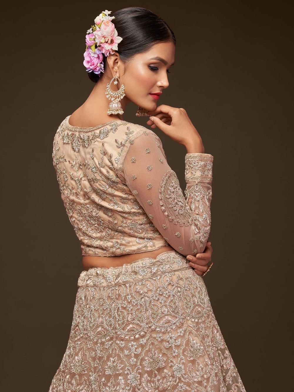 Beige Embroidered Soft Net Ceremony Lehenga Choli Occasion Wear