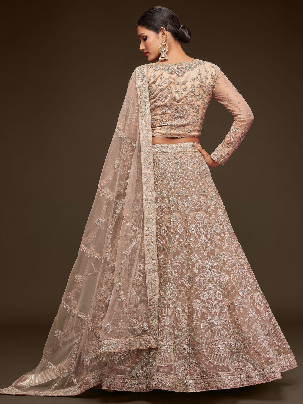Beige Embroidered Soft Net Ceremony Lehenga Choli Occasion Wear