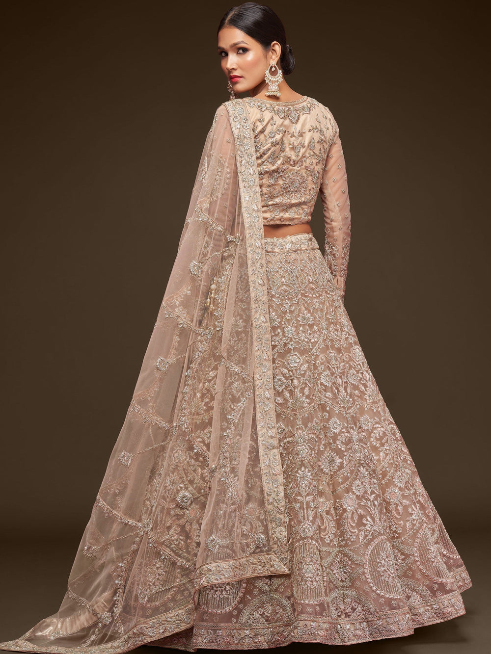 Beige Embroidered Soft Net Ceremony Lehenga Choli Occasion Wear