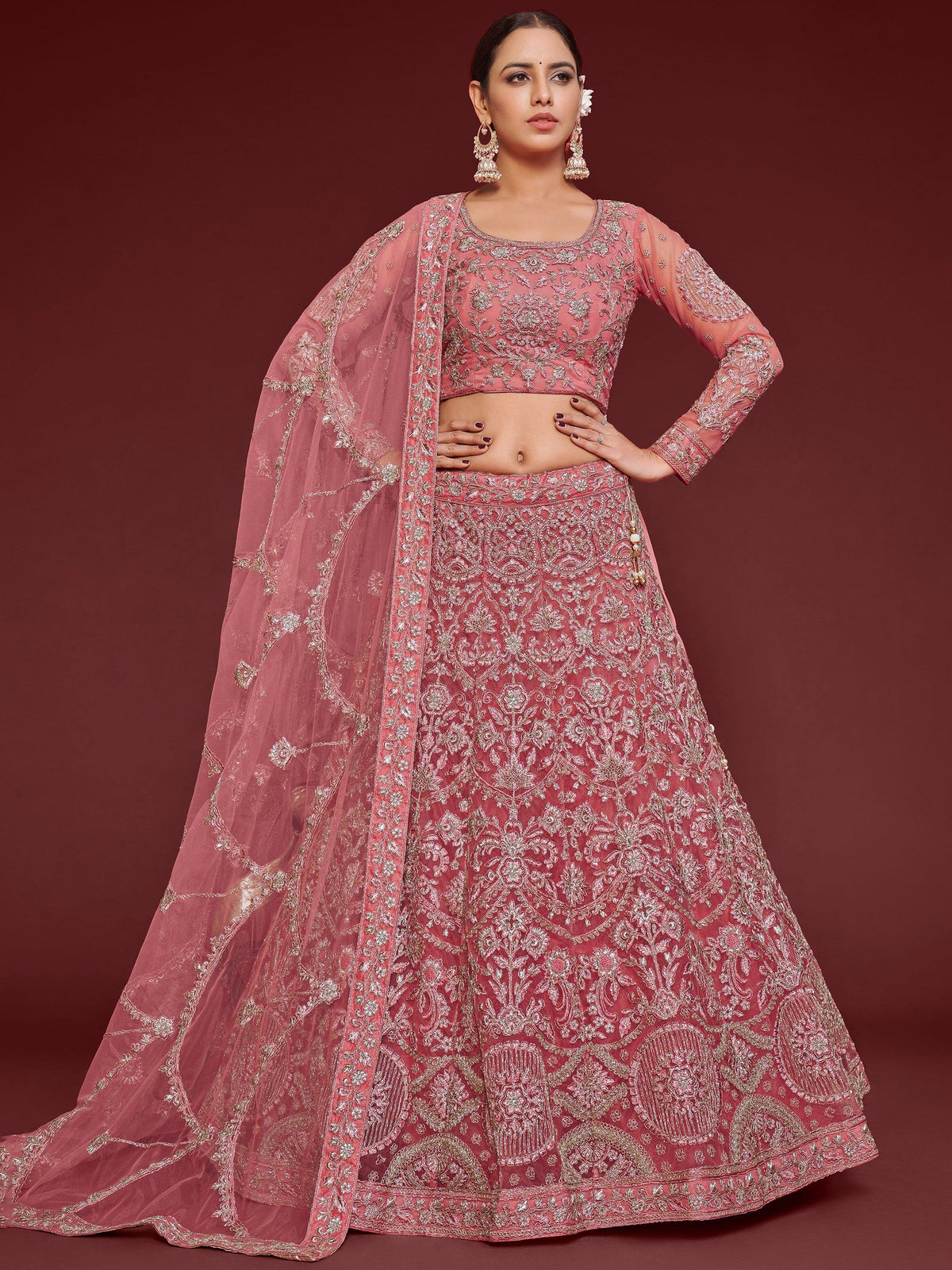 Captivating Pink Embroidered Soft Net Event Lehenga Choli for Women