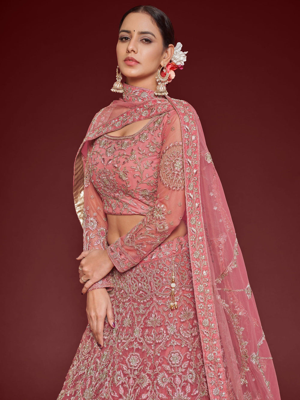 Captivating Pink Embroidered Soft Net Event Lehenga Choli for Women