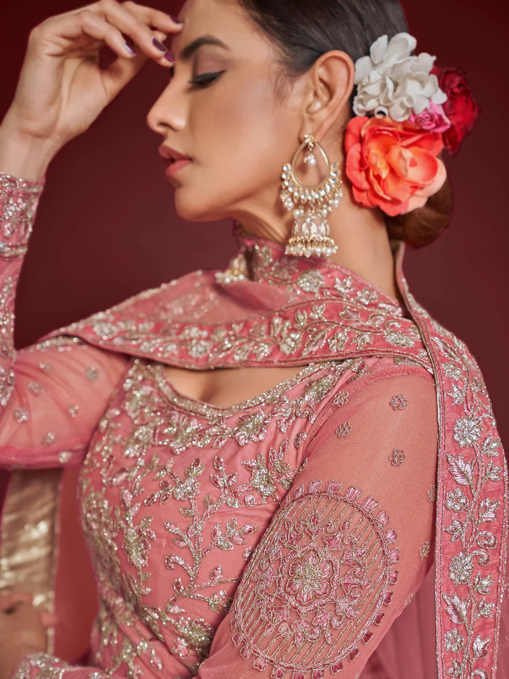 Captivating Pink Embroidered Soft Net Event Lehenga Choli for Women