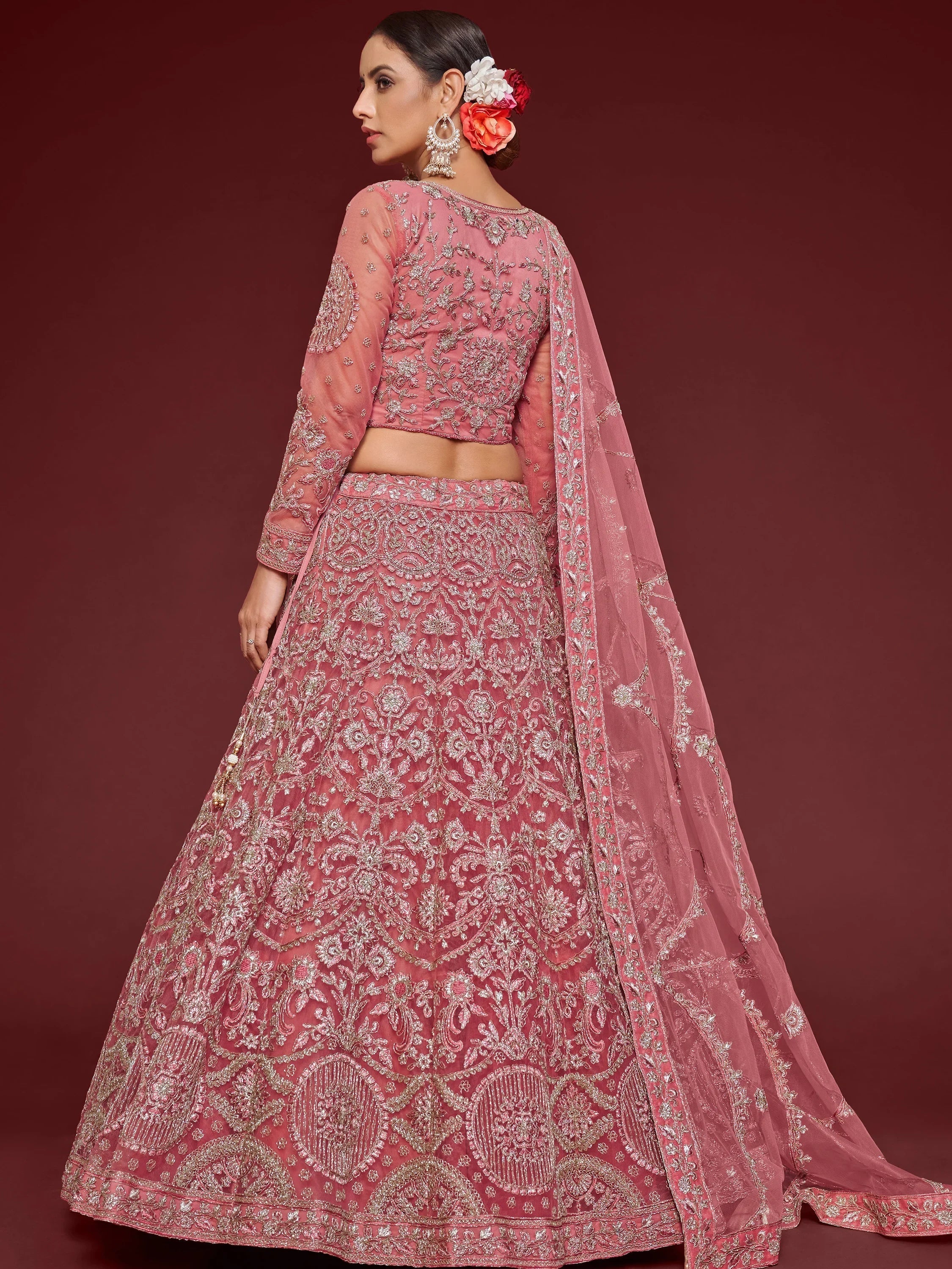 Captivating Pink Embroidered Soft Net Event Lehenga Choli for Women
