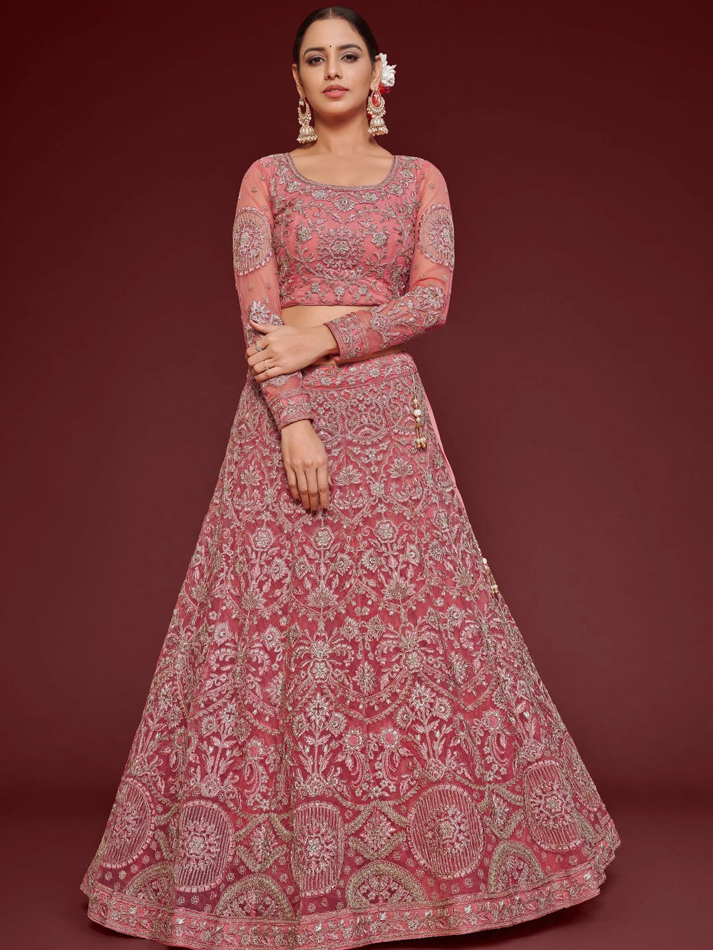 Captivating Pink Embroidered Soft Net Event Lehenga Choli for Women