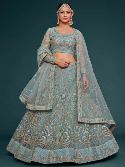 Sky-Blue Dori Work Soft Net Ceremony Lehenga Choli for Women