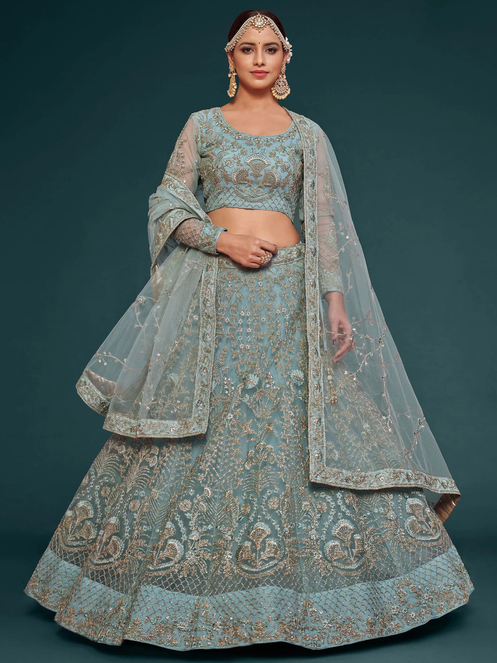 Sky-Blue Dori Work Soft Net Ceremony Lehenga Choli for Women