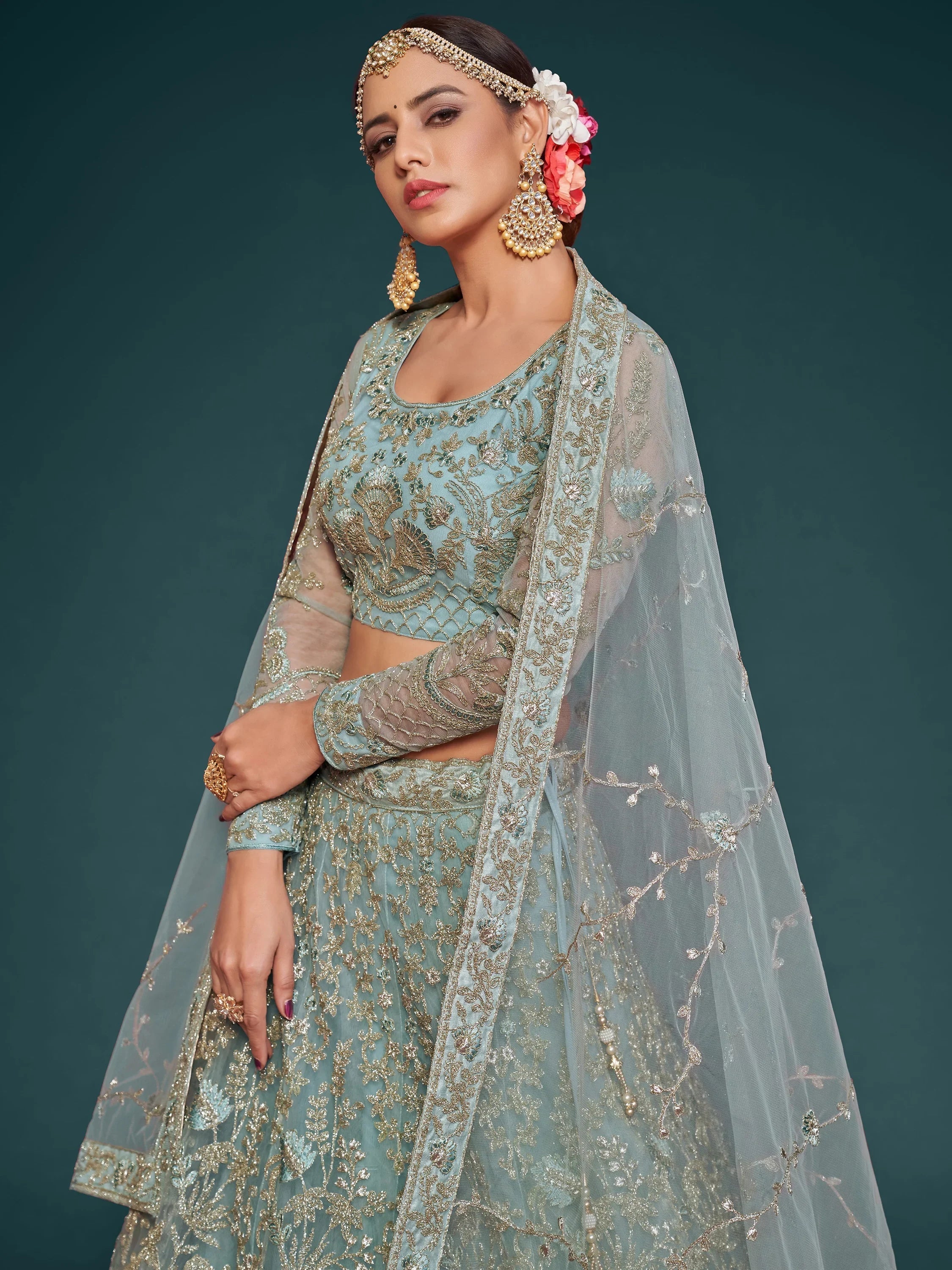 Sky-Blue Dori Work Soft Net Ceremony Lehenga Choli for Women