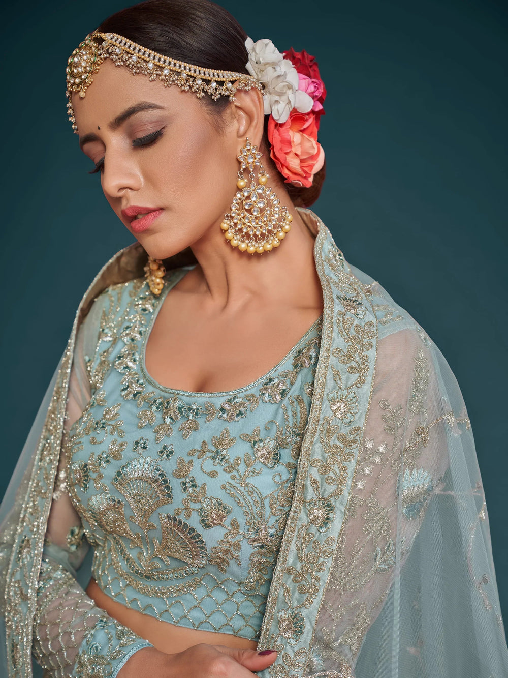 Sky-Blue Dori Work Soft Net Ceremony Lehenga Choli for Women