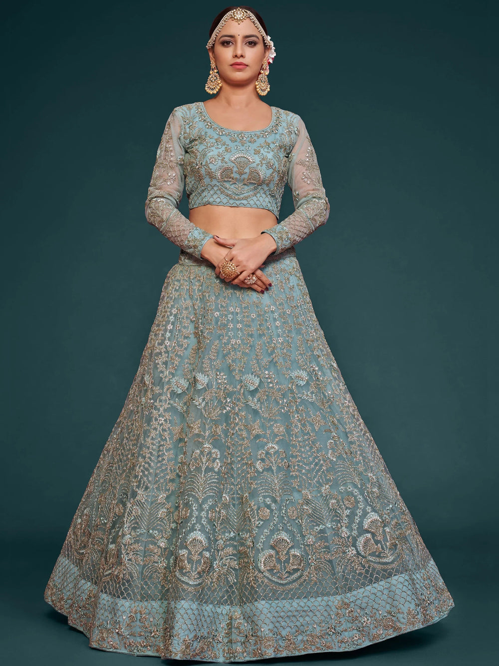 Sky-Blue Dori Work Soft Net Ceremony Lehenga Choli for Women