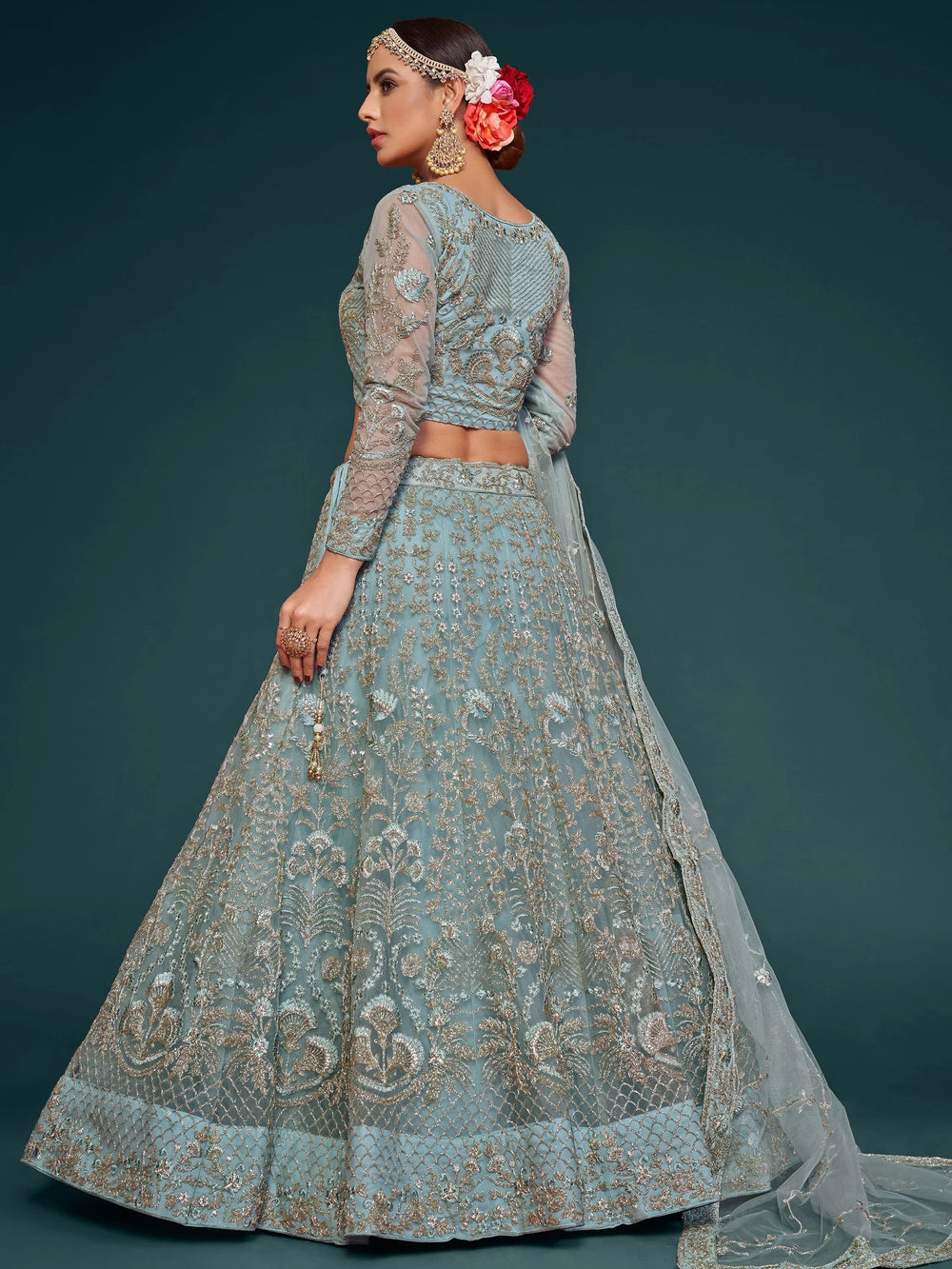 Sky-Blue Dori Work Soft Net Ceremony Lehenga Choli for Women