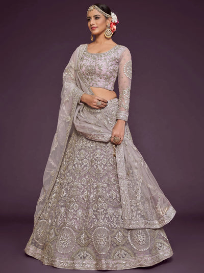Beige Embroidered Soft Net Occasion Lehenga Choli for Women