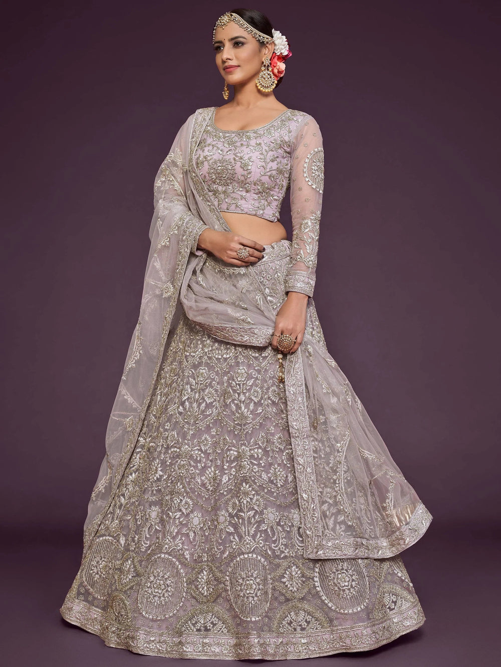 Beige Embroidered Soft Net Occasion Lehenga Choli for Women