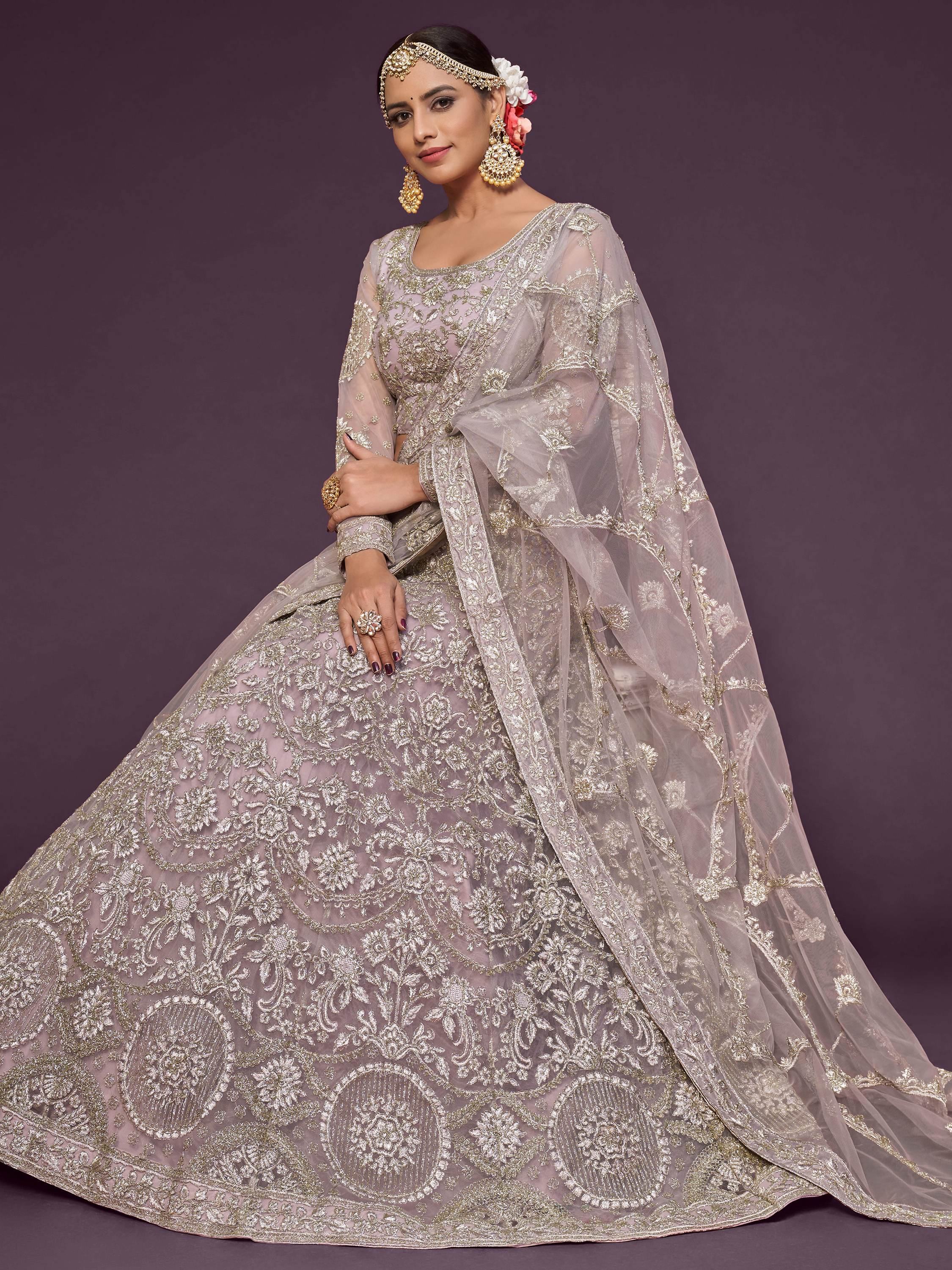 Beige Embroidered Soft Net Occasion Lehenga Choli for Women